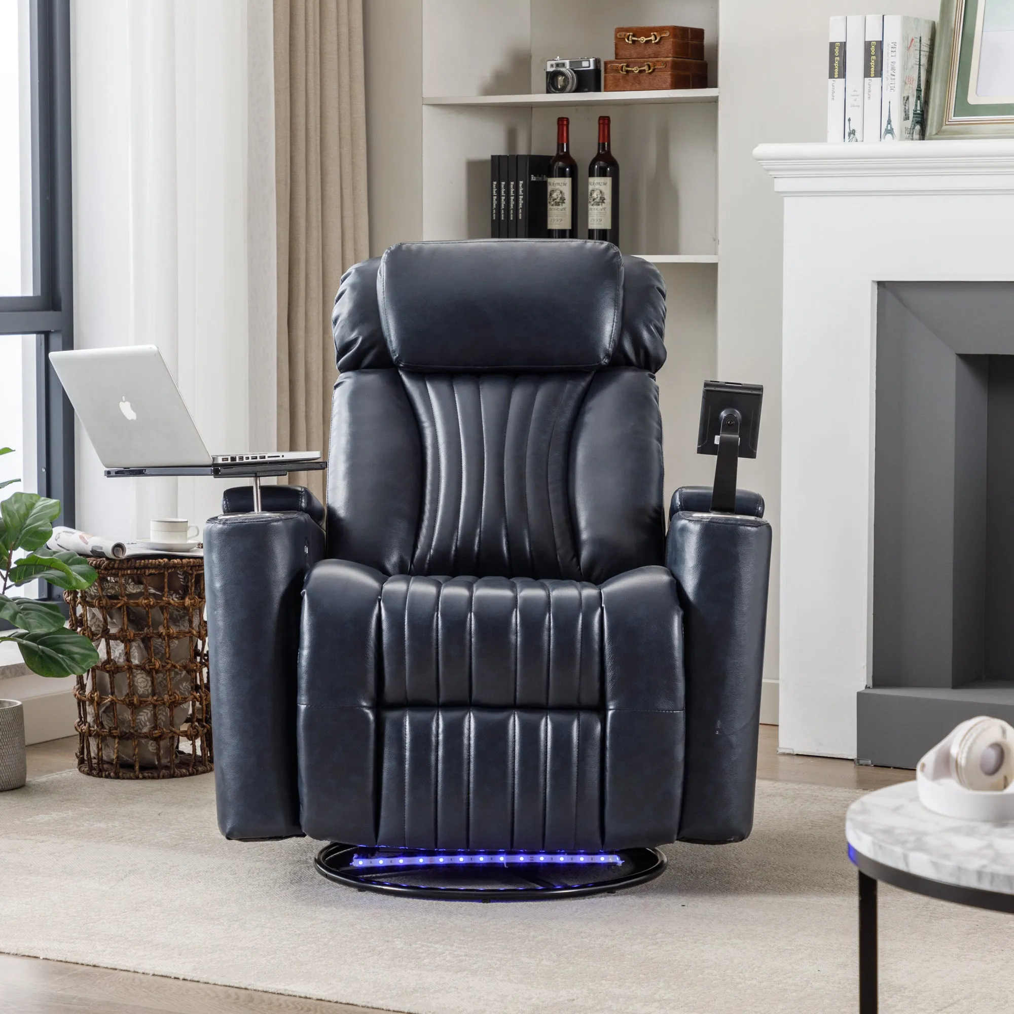 270° Power Swivel Recliner,Home Theater Seating With Hidden Arm Storage and  LED Light Strip,Cup Holder,360° Swivel Tray Table,and Cell Phone Holder,Soft Living Room Chair,Blue