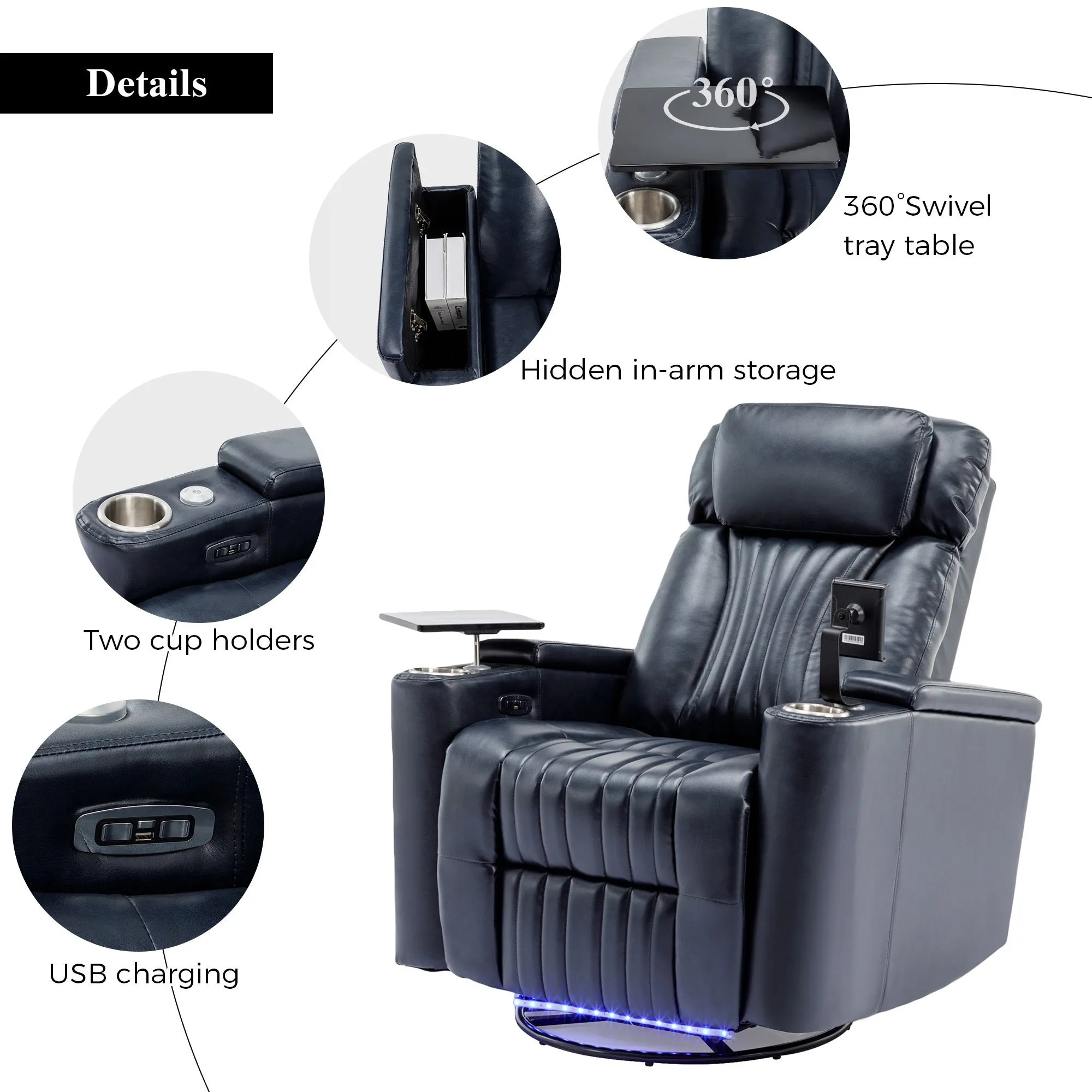 270° Power Swivel Recliner,Home Theater Seating With Hidden Arm Storage and  LED Light Strip,Cup Holder,360° Swivel Tray Table,and Cell Phone Holder,Soft Living Room Chair,Blue