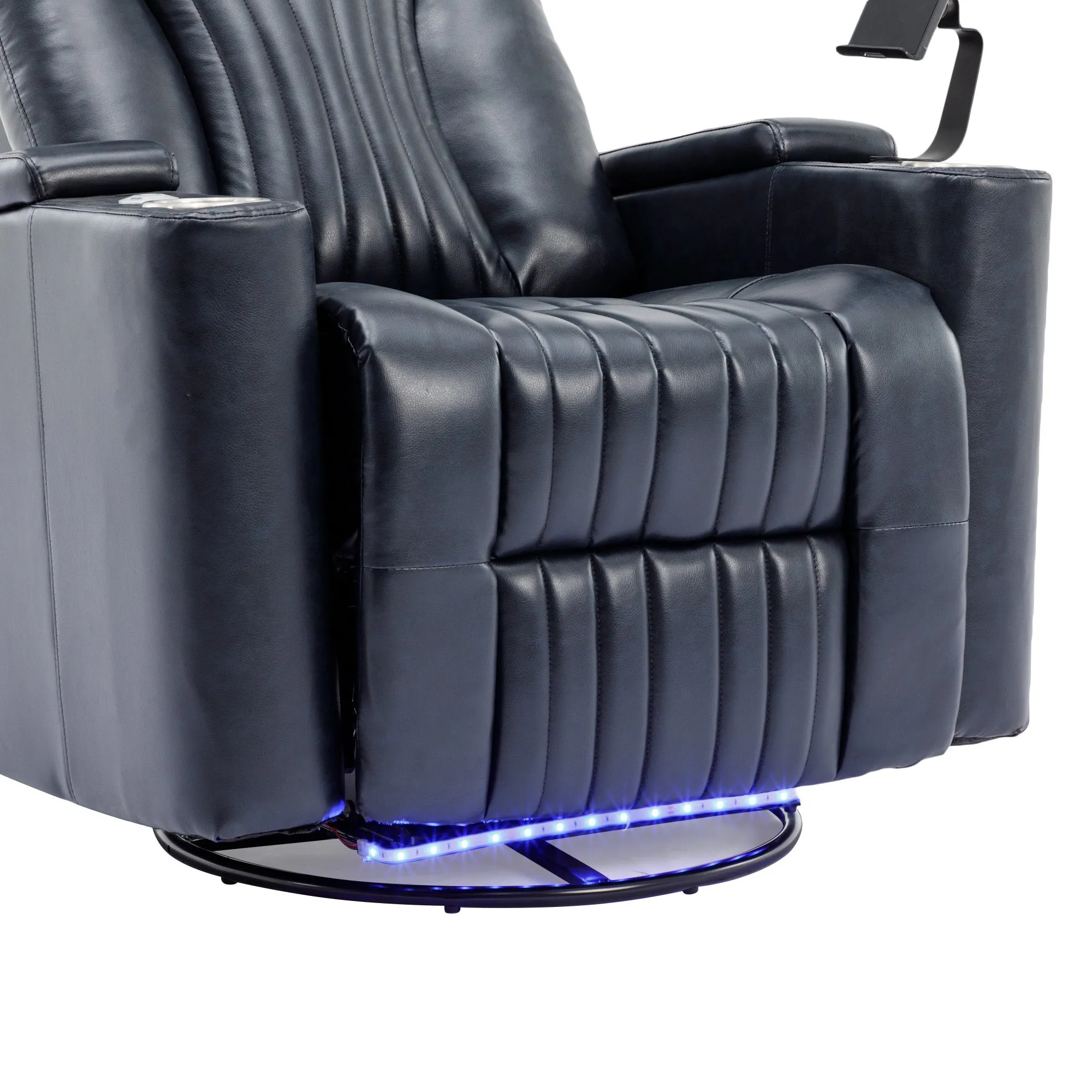 270° Power Swivel Recliner,Home Theater Seating With Hidden Arm Storage and  LED Light Strip,Cup Holder,360° Swivel Tray Table,and Cell Phone Holder,Soft Living Room Chair,Blue