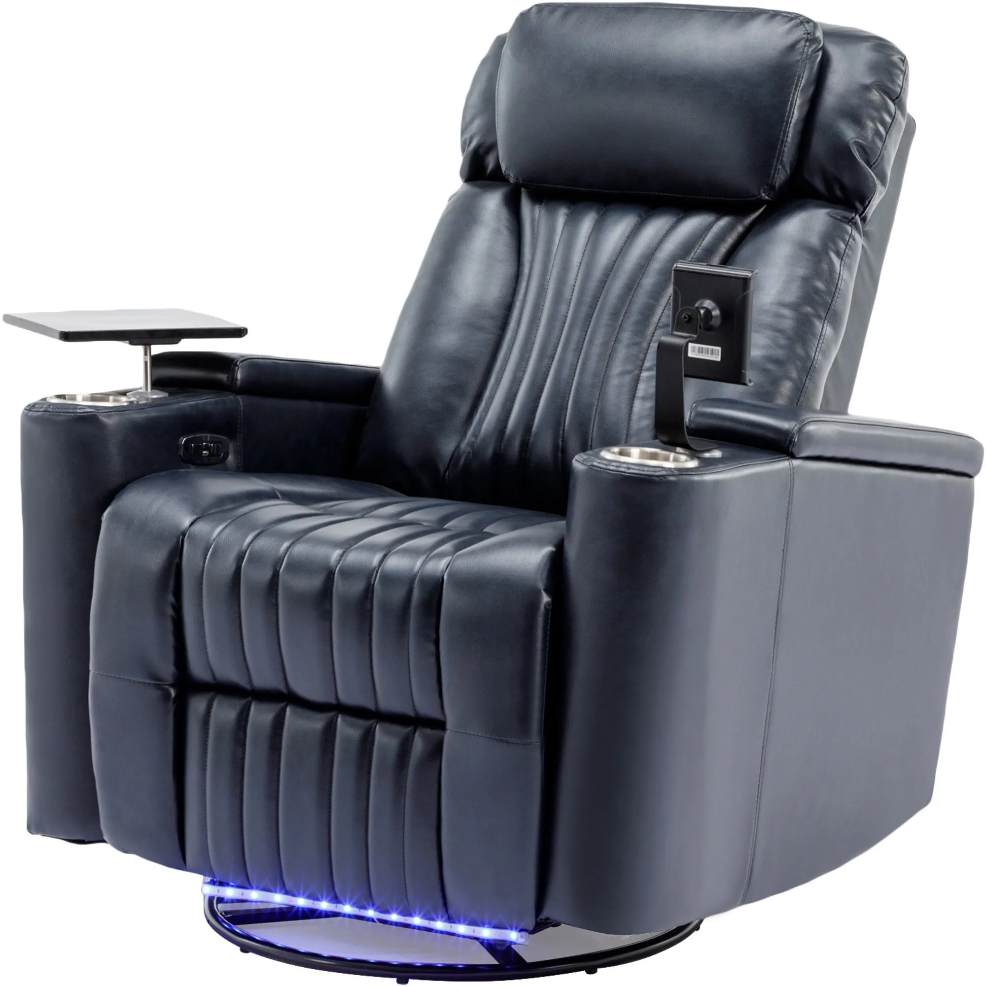 270° Power Swivel Recliner,Home Theater Seating With Hidden Arm Storage and  LED Light Strip,Cup Holder,360° Swivel Tray Table,and Cell Phone Holder,Soft Living Room Chair,Blue