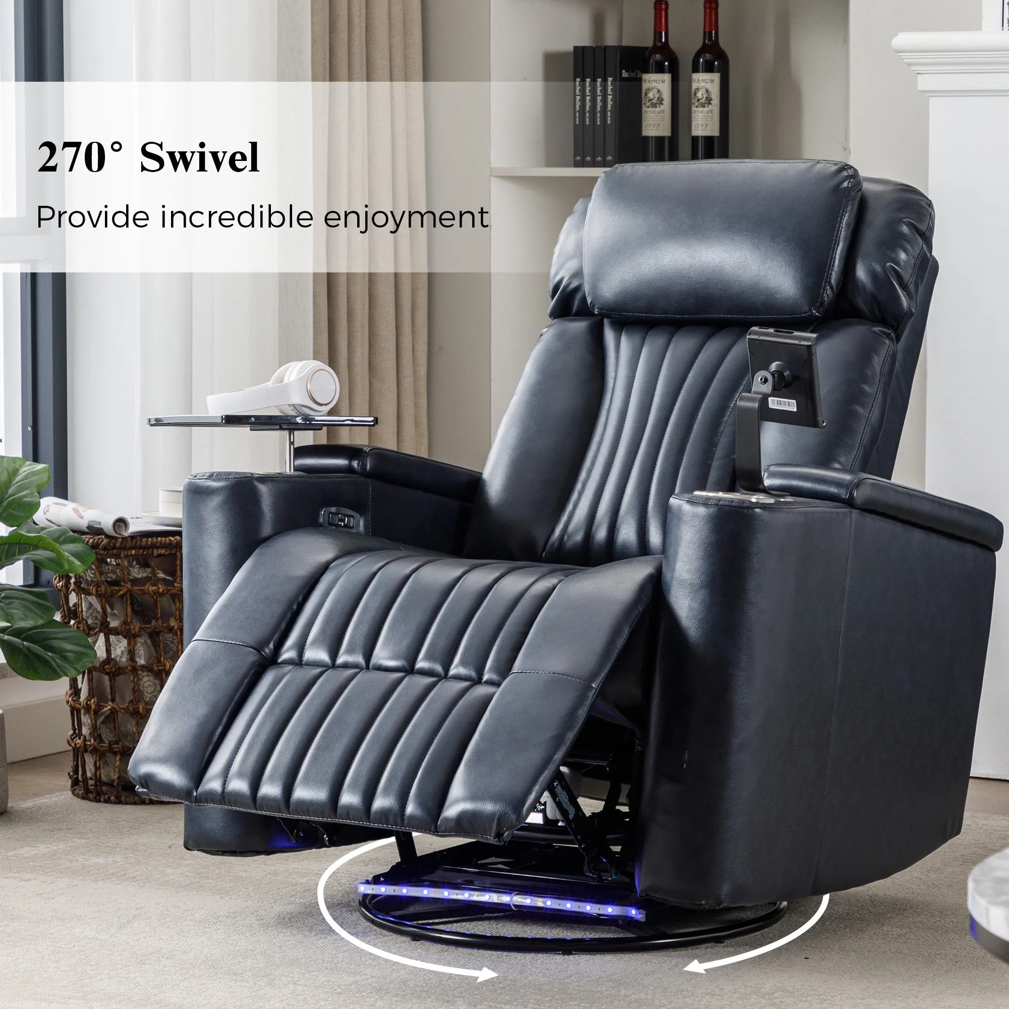 270° Power Swivel Recliner,Home Theater Seating With Hidden Arm Storage and  LED Light Strip,Cup Holder,360° Swivel Tray Table,and Cell Phone Holder,Soft Living Room Chair,Blue