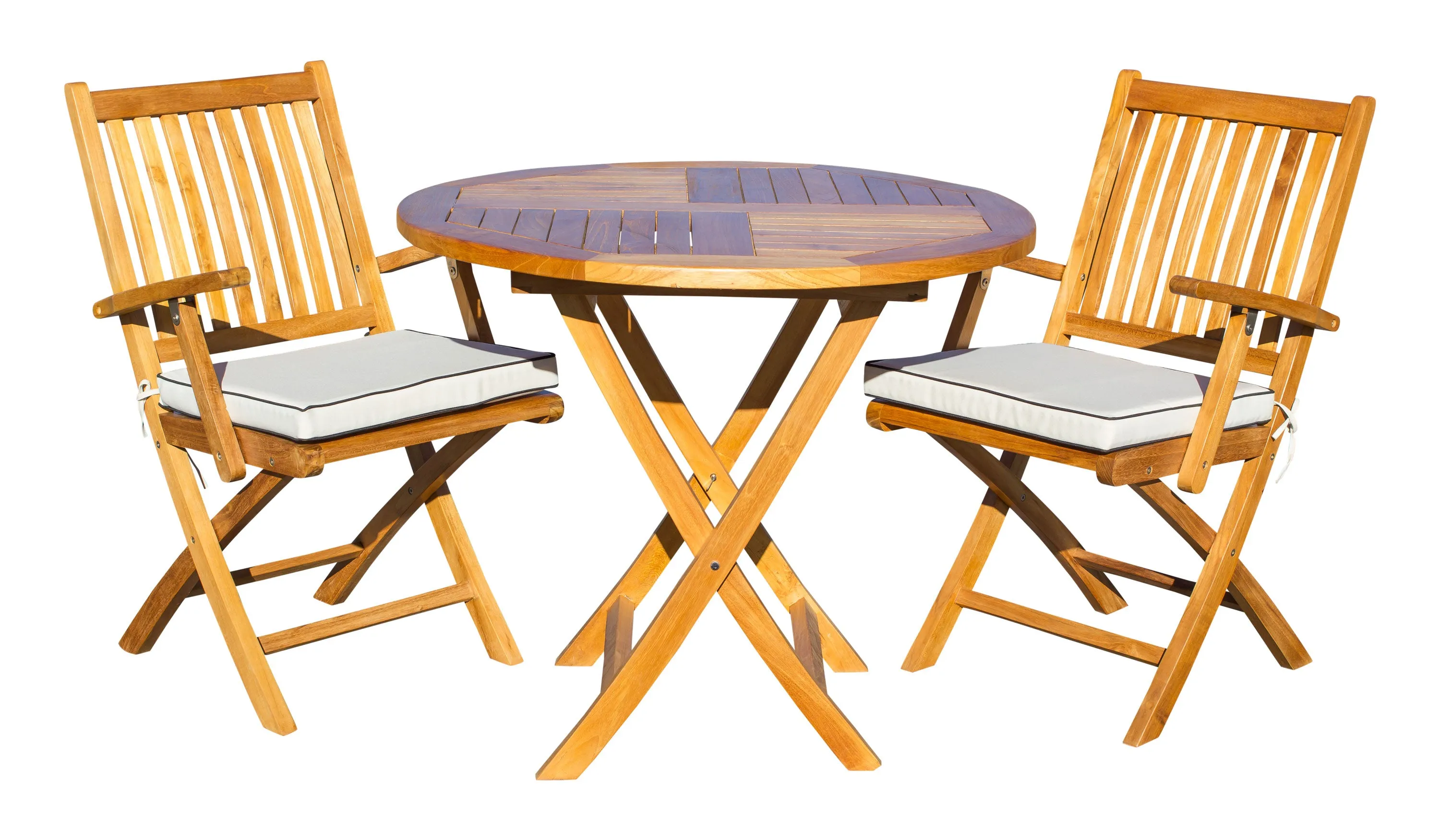 3 Piece Teak Wood Santa Barbara Patio Dining Set, 36" Round Folding Table with 2 Folding Arm Chairs