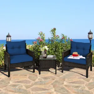 3 Pieces Outdoor Patio Rattan Conversation Set with Seat Cushions-Navy