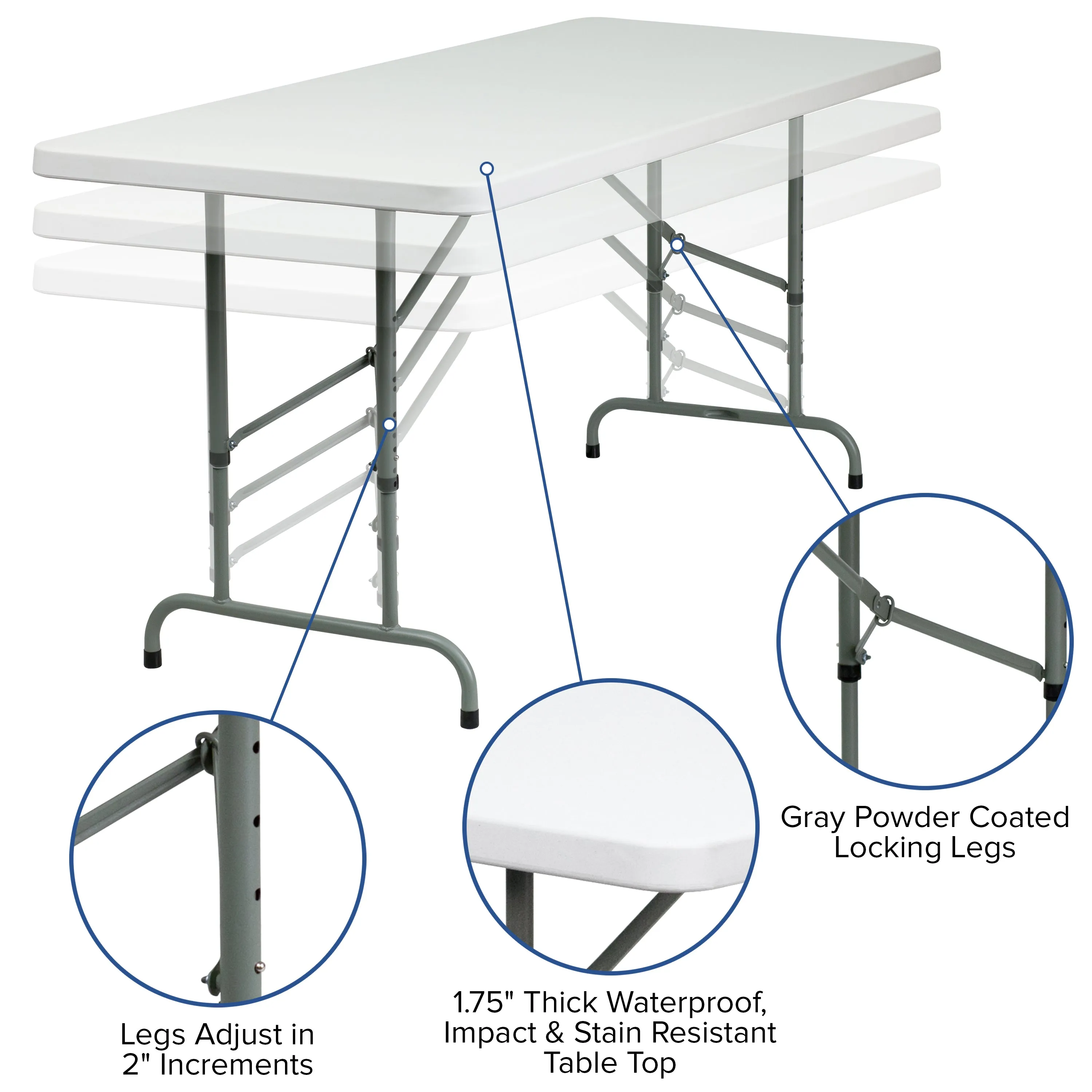 30x72 White Plastic Fold Table RB-3072ADJ-GG