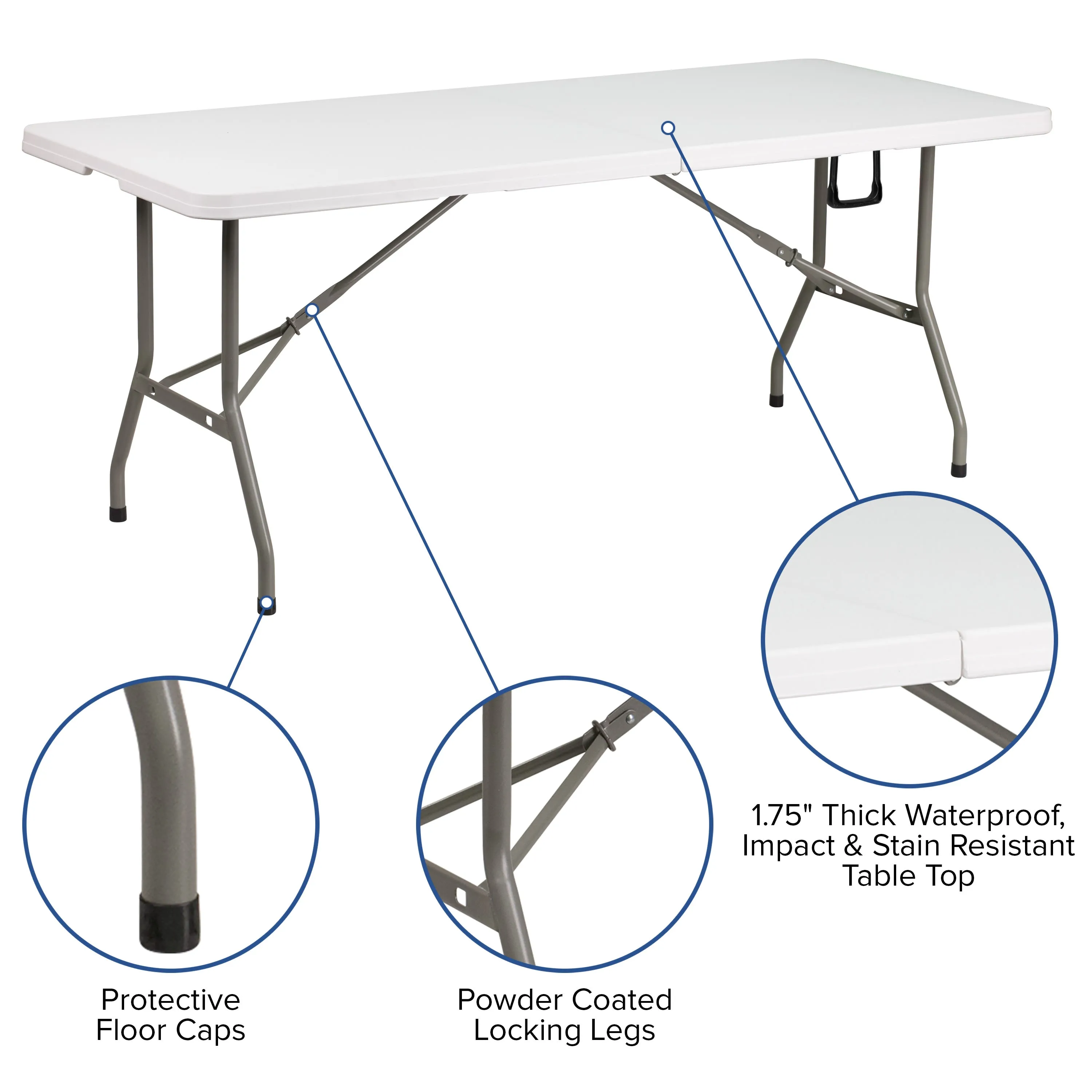 6-Foot Bi-Fold Plastic Banquet and Event Folding Table with Carrying Handle