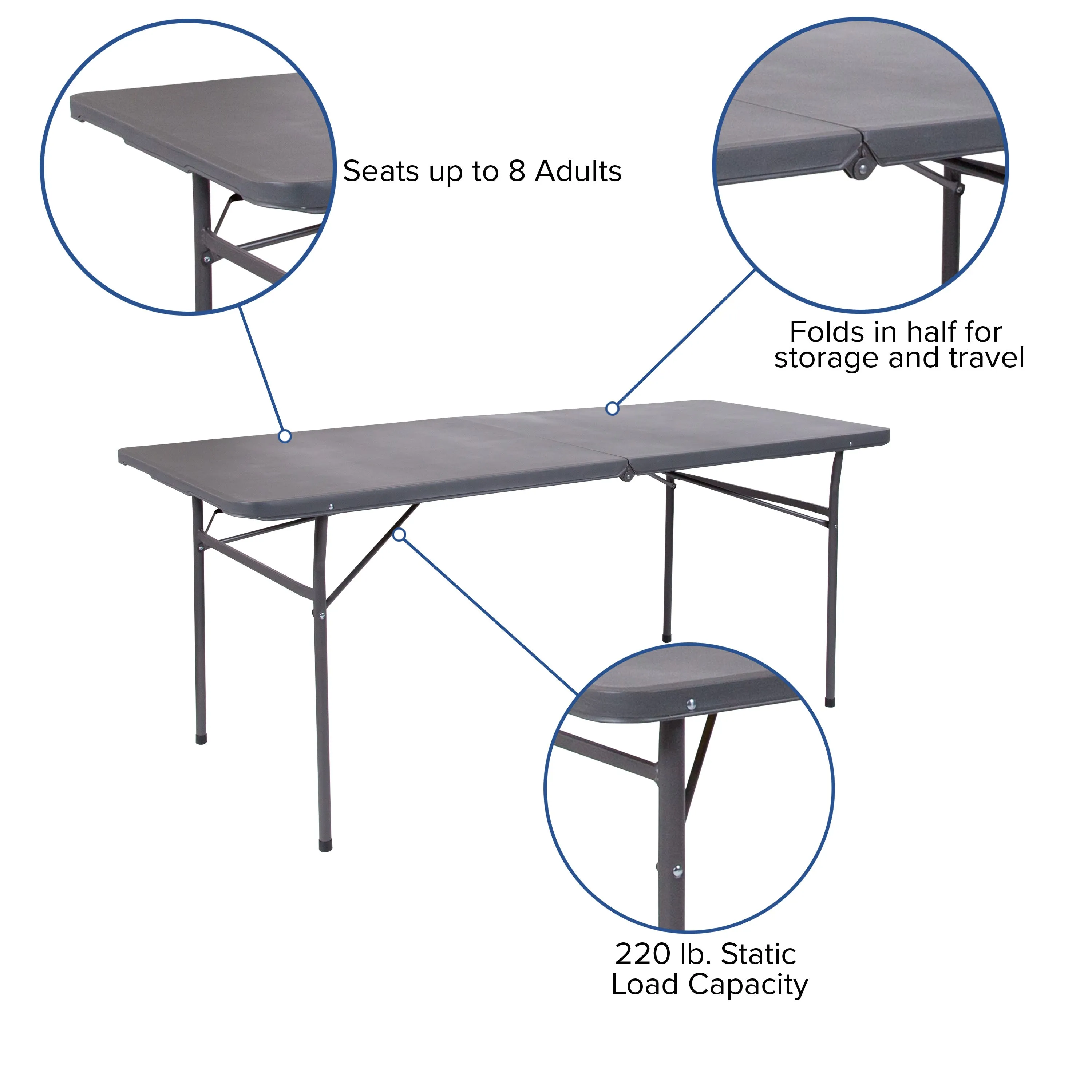 6-Foot Bi-Fold Plastic Banquet and Event Folding Table with Carrying Handle