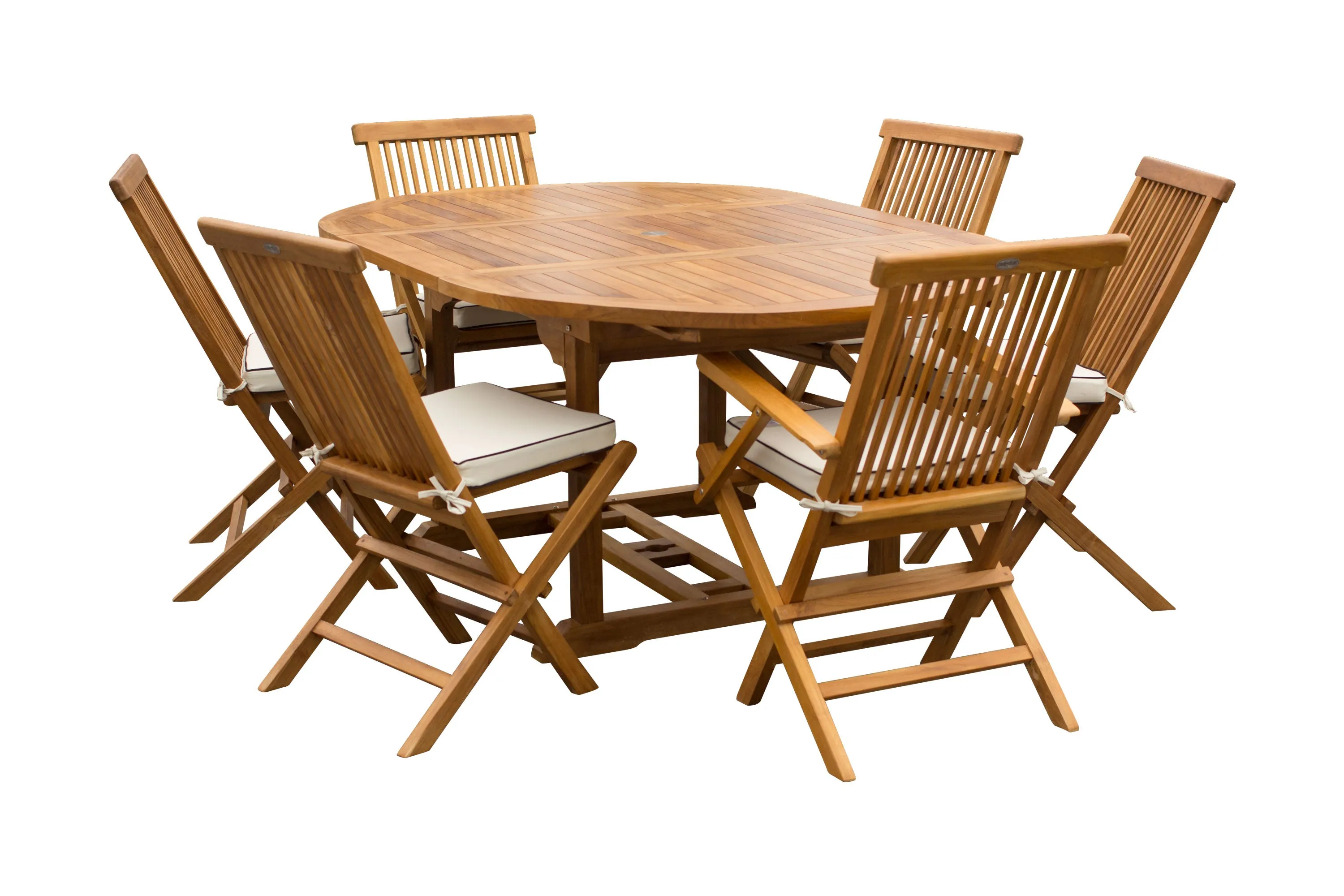 7 Piece Teak Wood Miami Patio Dining Set with Round to Oval Extension Table, 2 Arm Chairs and 4 Side Chairs with Cushions