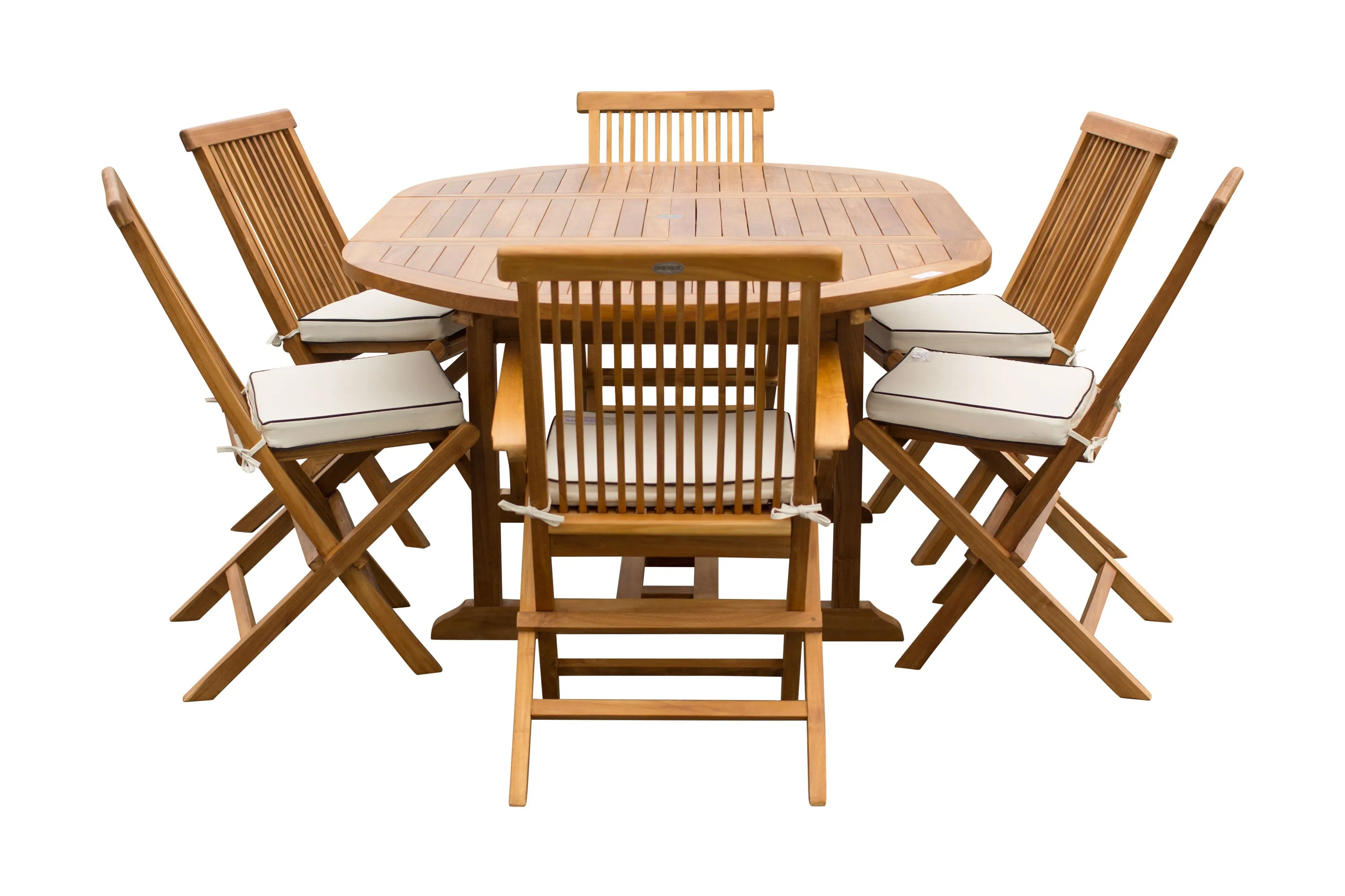 7 Piece Teak Wood Miami Patio Dining Set with Round to Oval Extension Table, 2 Arm Chairs and 4 Side Chairs with Cushions