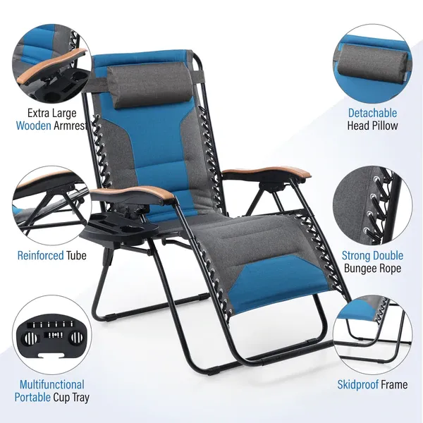 ALPHA CAMP New Fabric Oversize Padded Zero Gravity Lounge Chair with Cup Holder