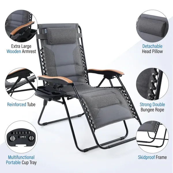 ALPHA CAMP New Fabric Oversize Padded Zero Gravity Lounge Chair with Cup Holder