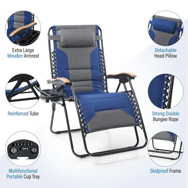 ALPHA CAMP New Fabric Oversize Padded Zero Gravity Lounge Chair with Cup Holder