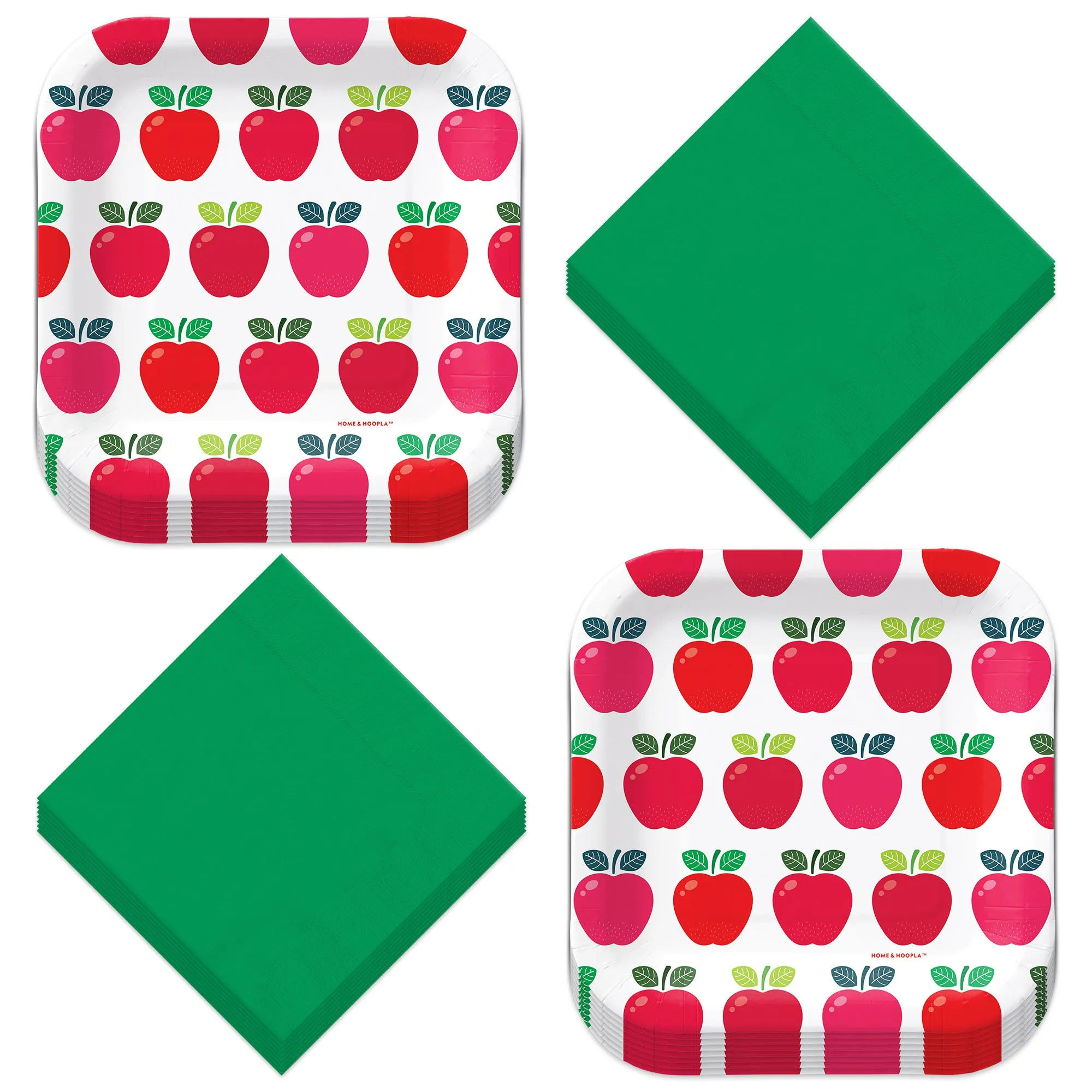 Apple Party Supplies - Red Apple Square Paper Dessert Plates & Solid Leaf-Green Beverage Napkins