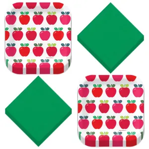 Apple Party Supplies - Red Apple Square Paper Dessert Plates & Solid Leaf-Green Beverage Napkins