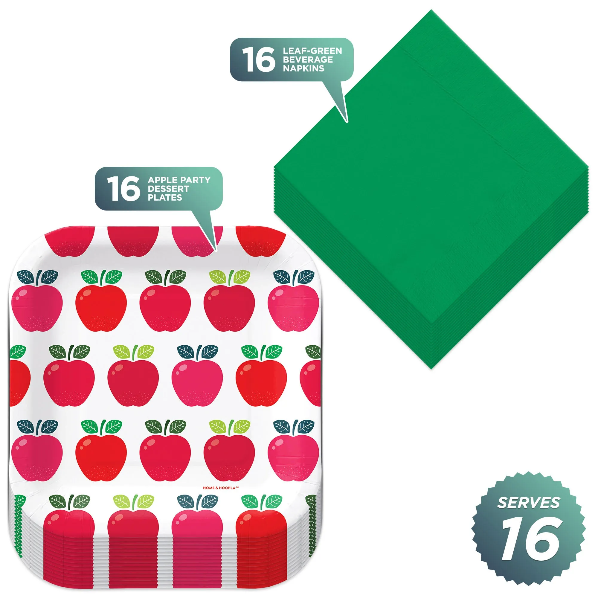 Apple Party Supplies - Red Apple Square Paper Dessert Plates & Solid Leaf-Green Beverage Napkins