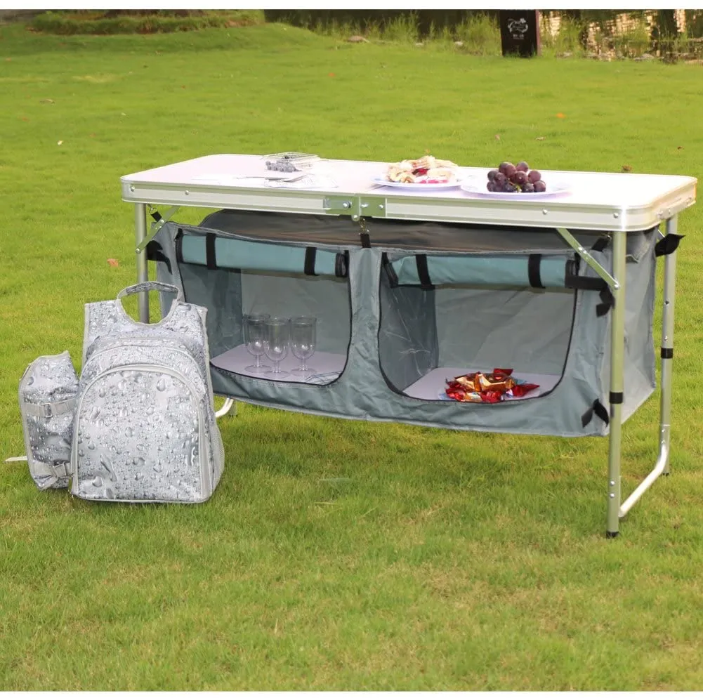 Campland Outdoor Folding Table Aluminum Lightweight Height Adjustable with Storage Organizer for BBQ, Party, Camping (Grey)