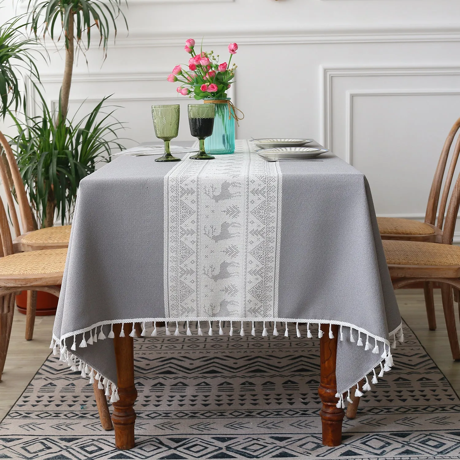 Christmas Elk Pattern Cotton Linen Dustproof Tablecloth