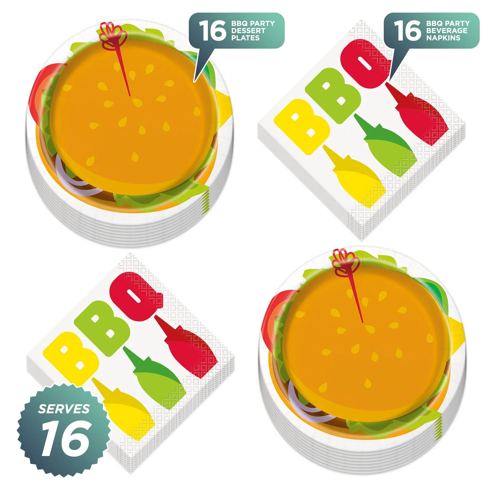 Classic BBQ Party Burger Paper Dessert Plates and Beverage Napkins For Cookouts and Picnics (16 Plates & Napkins)