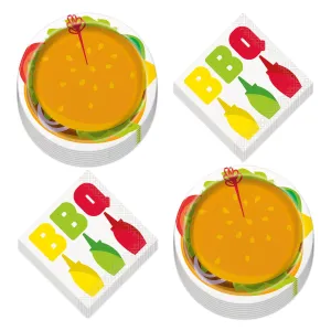 Classic BBQ Party Burger Paper Dessert Plates and Beverage Napkins For Cookouts and Picnics (16 Plates & Napkins)