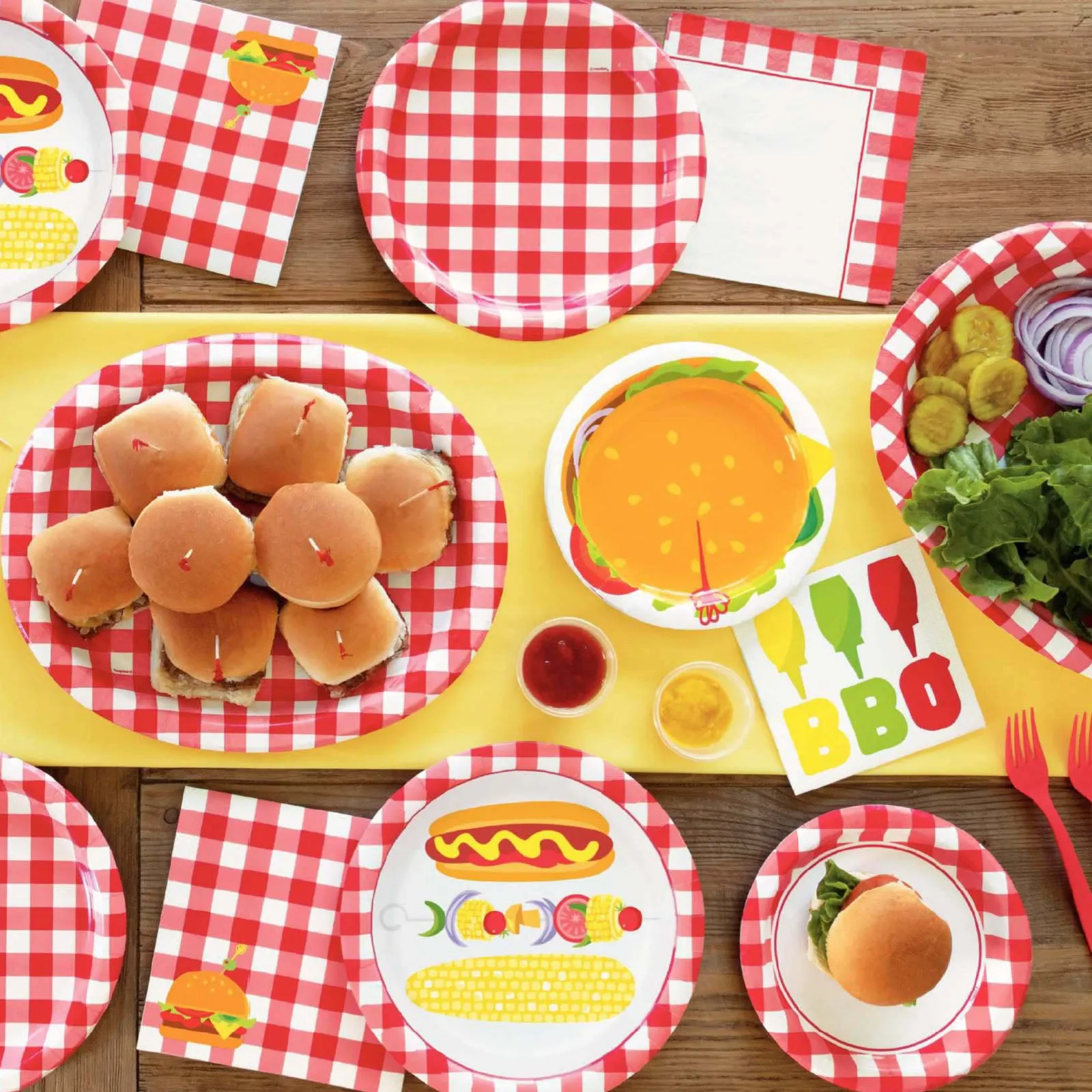 Classic BBQ Party Burger Paper Dessert Plates and Beverage Napkins For Cookouts and Picnics (16 Plates & Napkins)