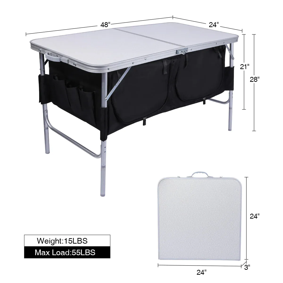 Folding Camping Table with Storage Organizer Adjustable Height