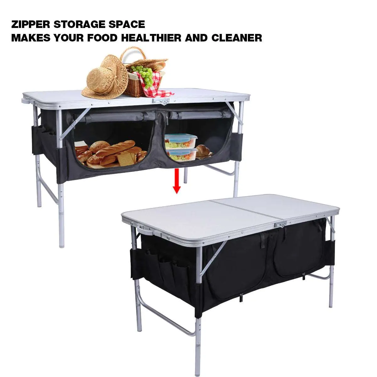 Folding Camping Table with Storage Organizer Adjustable Height