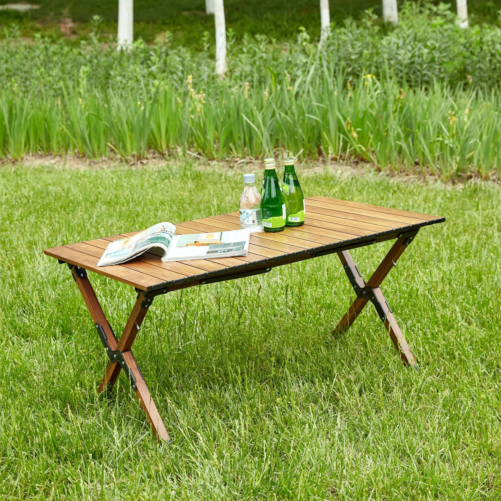 Folding Outdoor Table, Lightweight Aluminum Roll-Up Rectangular Table For Indoor, Outdoor Camping, Picnics, Beach, Backyard, Bbq, Party, Patio - Brown