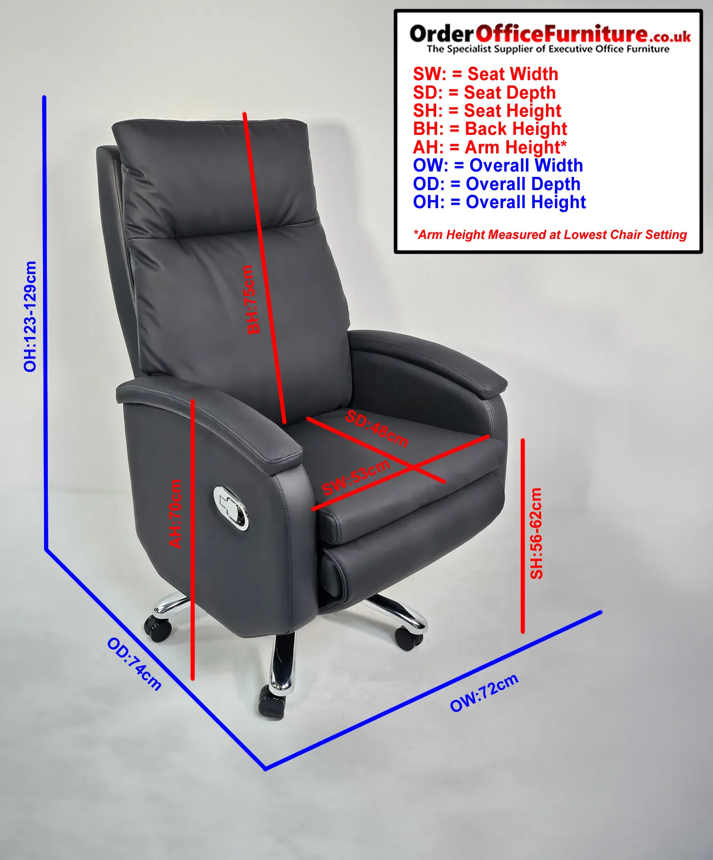 Full Reclining High Back Executive Office Chair in Black Leather - H004