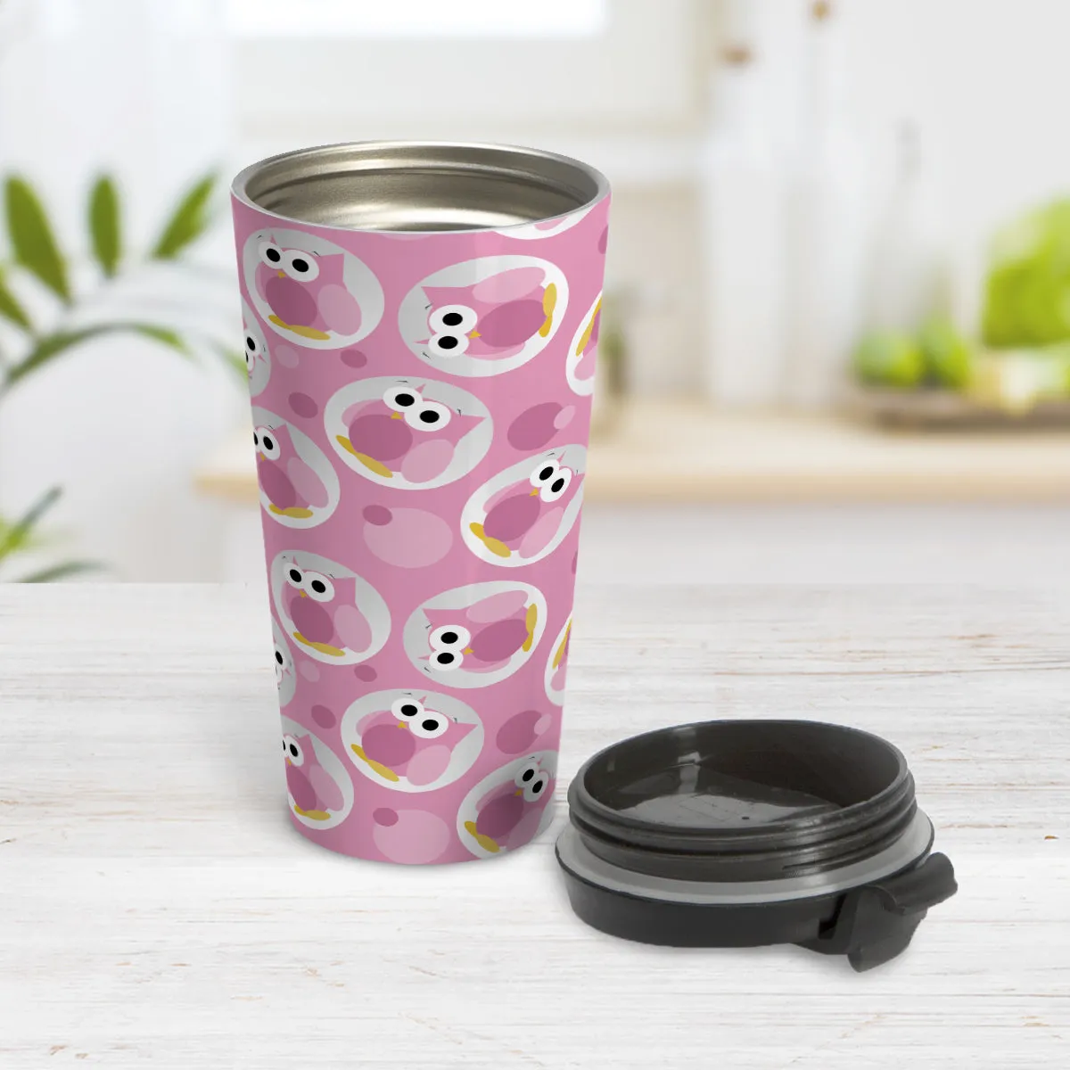 Funny Cute Pink Owl Pattern Travel Mug