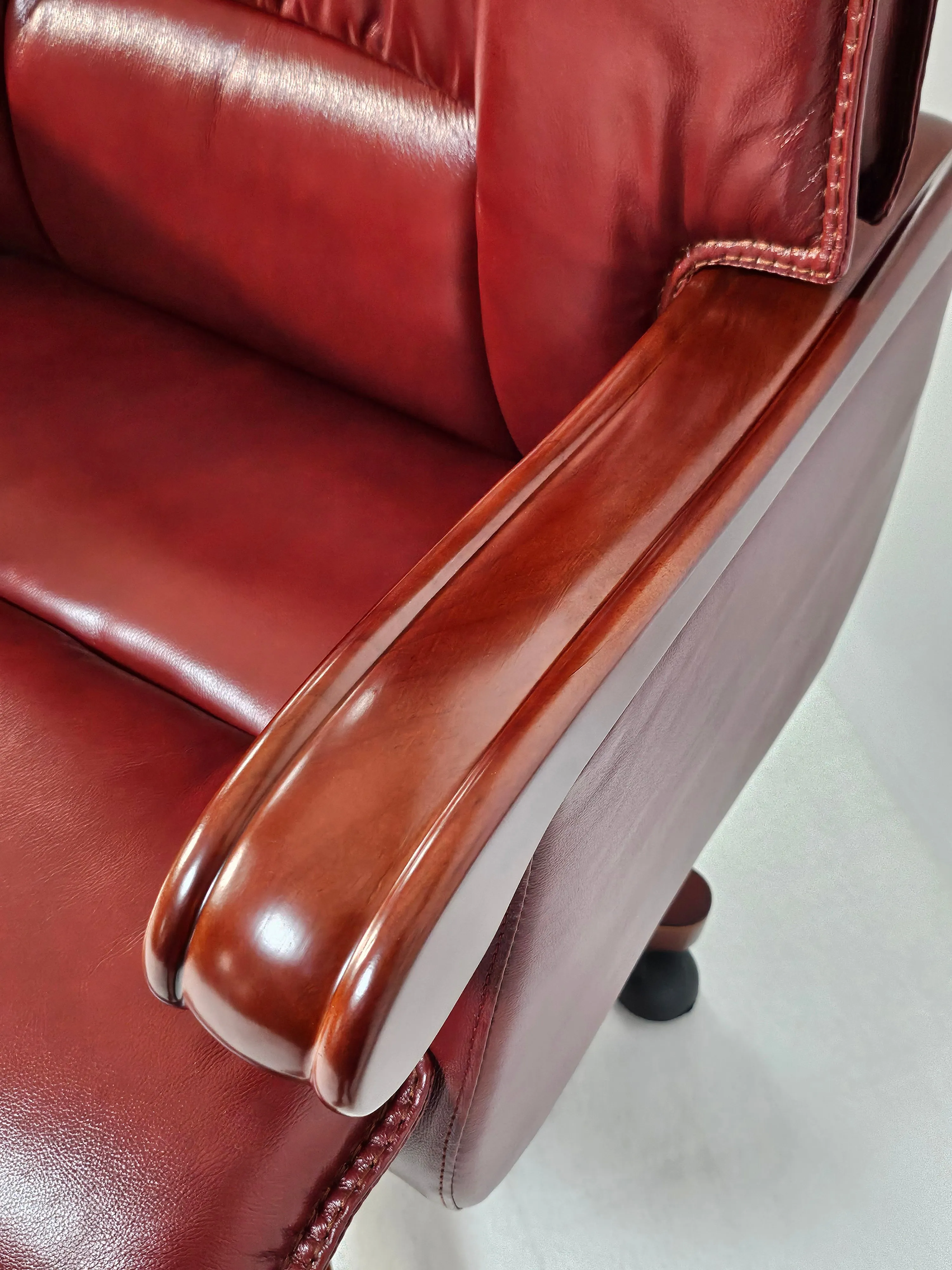 Genuine Burgundy Leather Executive Reclining Office Chair with Walnut Arms - 893