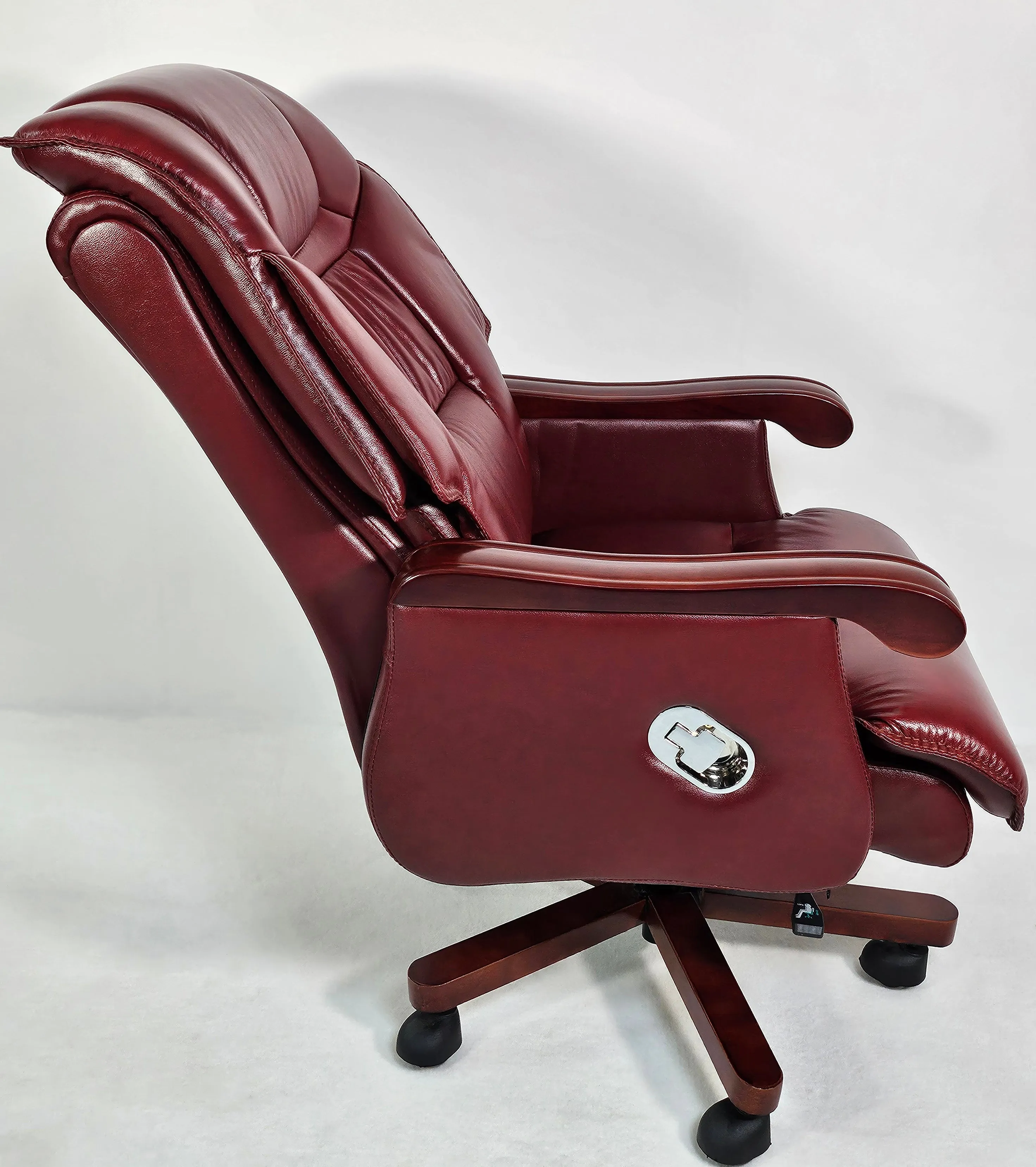 Genuine Burgundy Leather Executive Reclining Office Chair with Walnut Arms - 893