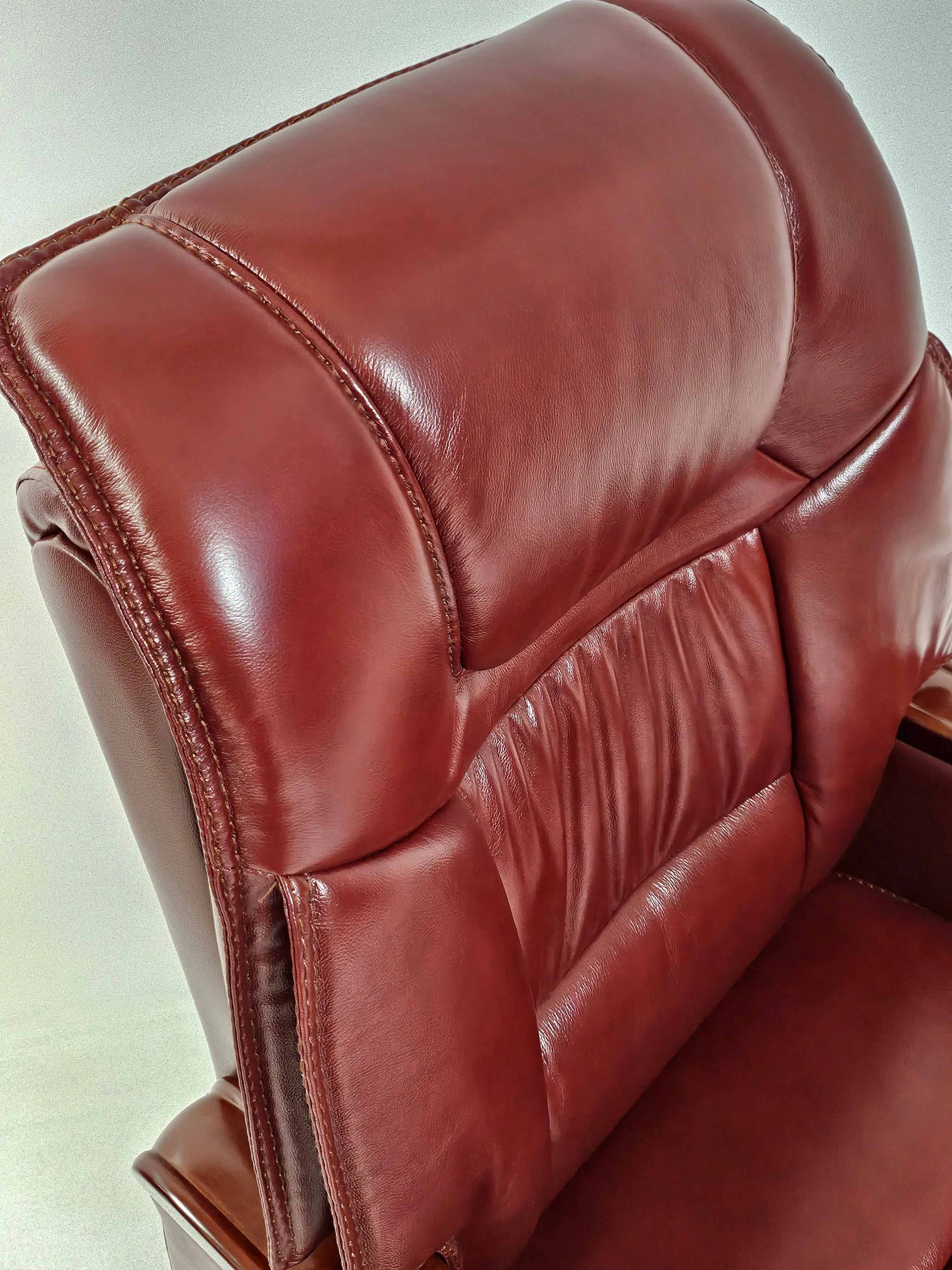 Genuine Burgundy Leather Executive Reclining Office Chair with Walnut Arms - 893