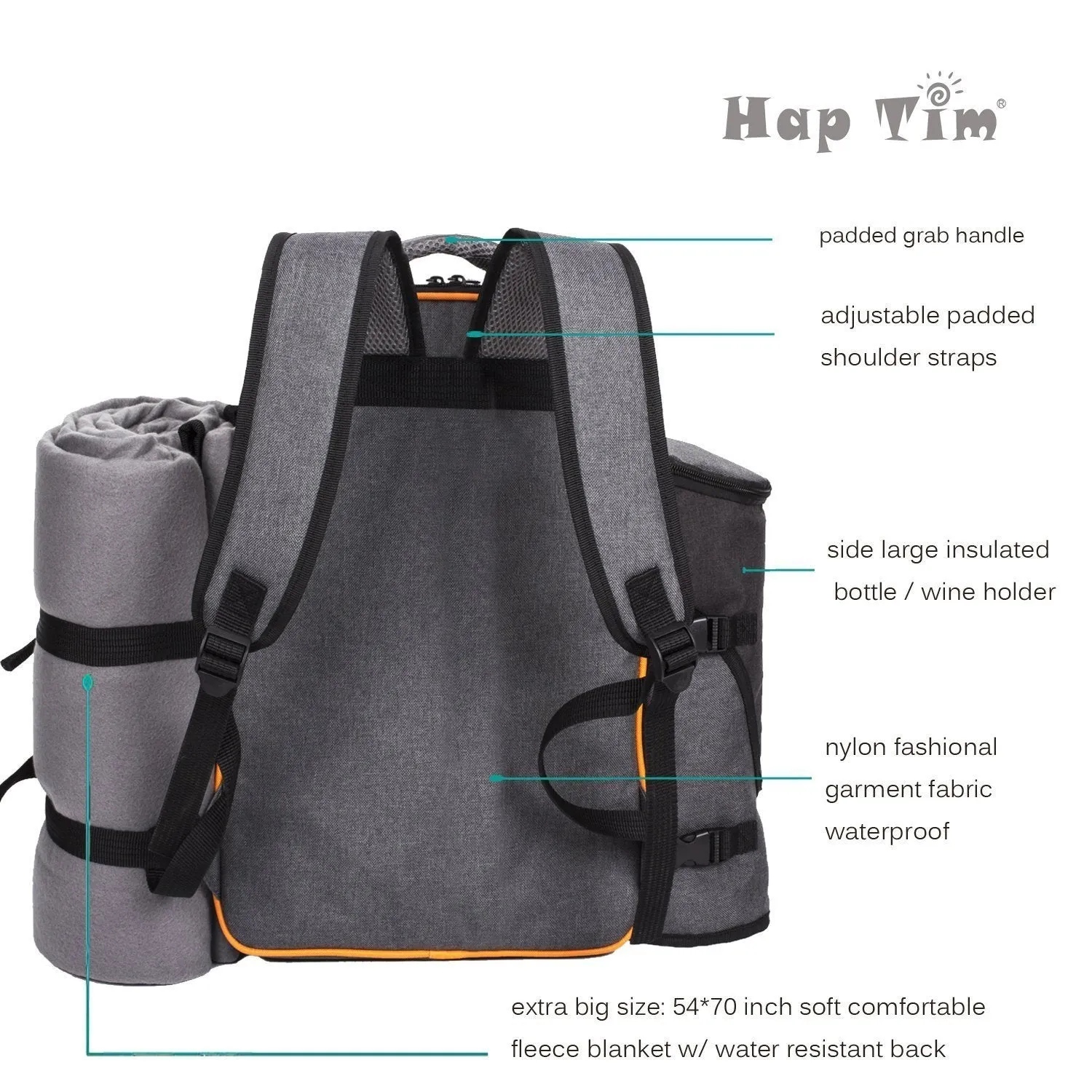 HapTim - 4 Person Picnic Backpack With Stainless Steel Utensils, Oversized Water Resistent Fleece Blanket ,Big Cooler Compartment, Detachable Wine Bottle Holder, Good for Picnic Time (Gray-Olive)