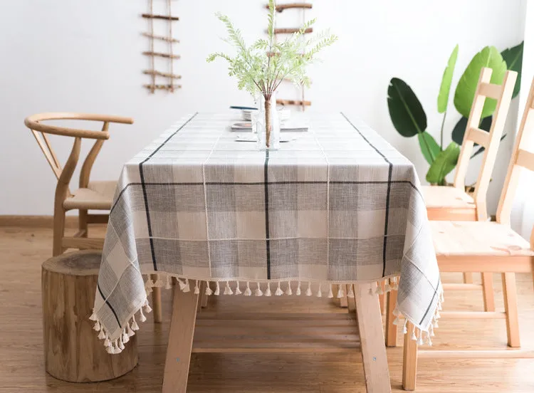 HG-023-Plaid Tablecloth Black Gray Cotton Linen Dining Table Tablecloth