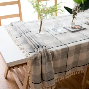 HG-023-Plaid Tablecloth Black Gray Cotton Linen Dining Table Tablecloth