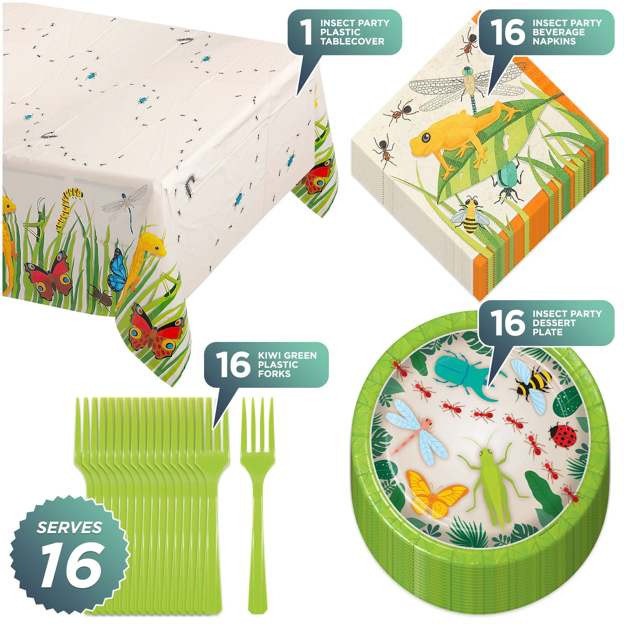 Insect Party Pack - Bug Party Paper Dessert Plates, Napkins, Forks, and Table Cover Set (Serves 16)