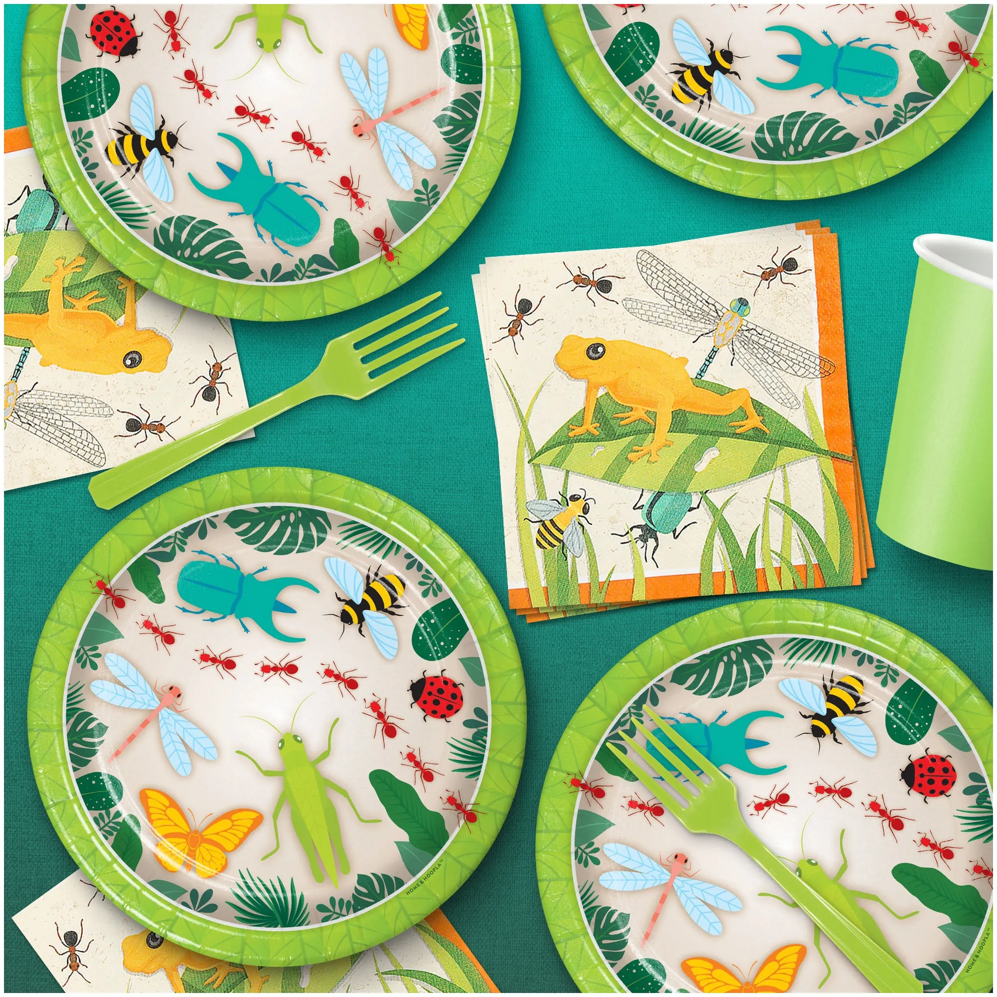 Insect Party Pack - Bug Party Paper Dessert Plates, Napkins, Forks, and Table Cover Set (Serves 16)