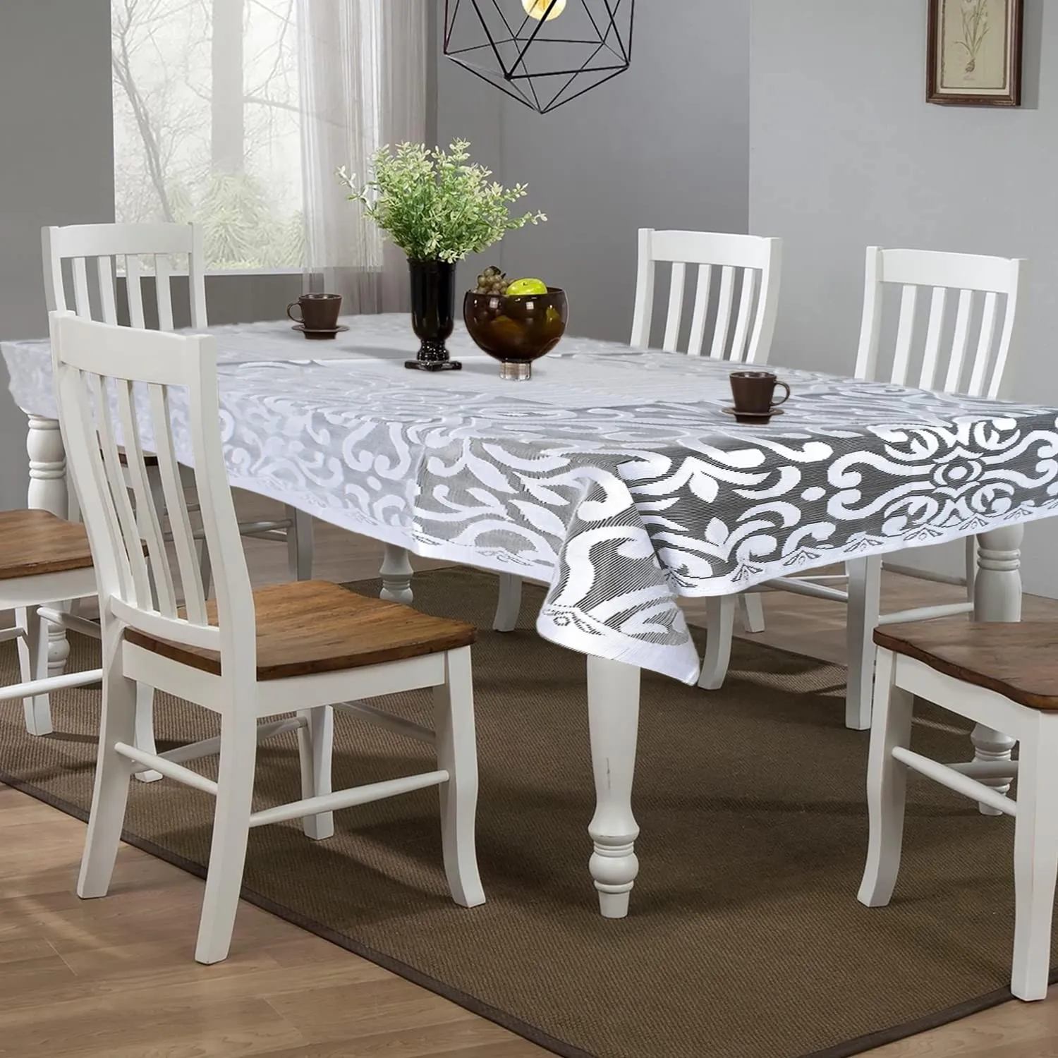 Kuber Industries Artcam Design Cotton Dining Table Cover/Table Cloth for Home Decorative Luxurious 6 Seater, 60"x90" (White)