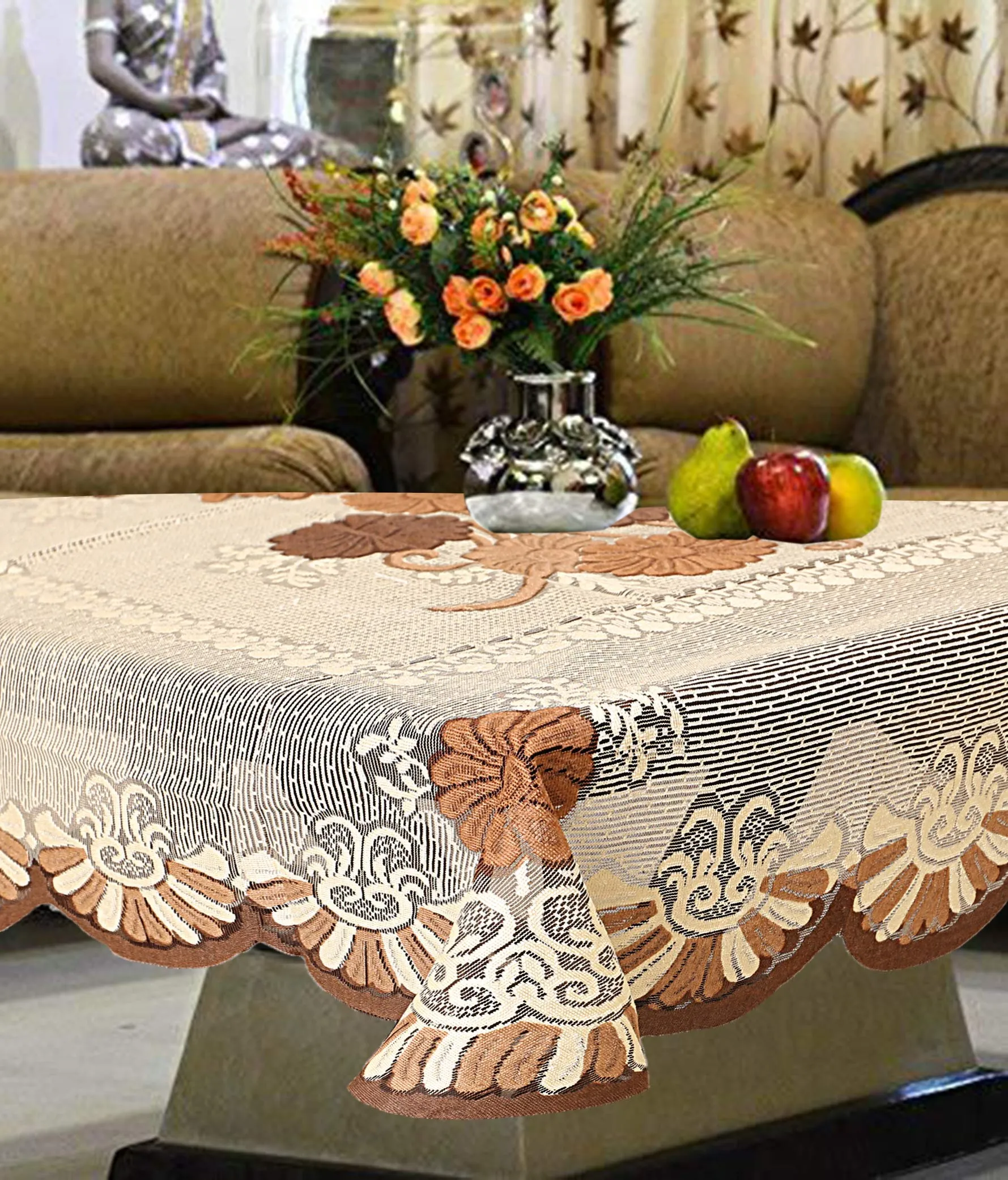 Kuber Industries Cotton Floral Rectangular 4 Seater Centre Table Cover| Size 150 x 100 x 1 CM (Brown)