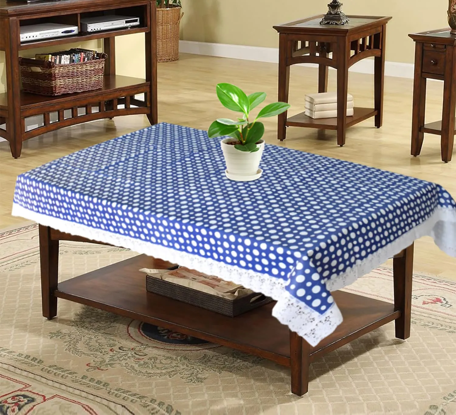 Kuber Industries Dot Design PVC 4 Seater Center Table Cover 40"x60" (Blue & White)-HS43KUBMART25571, Standard