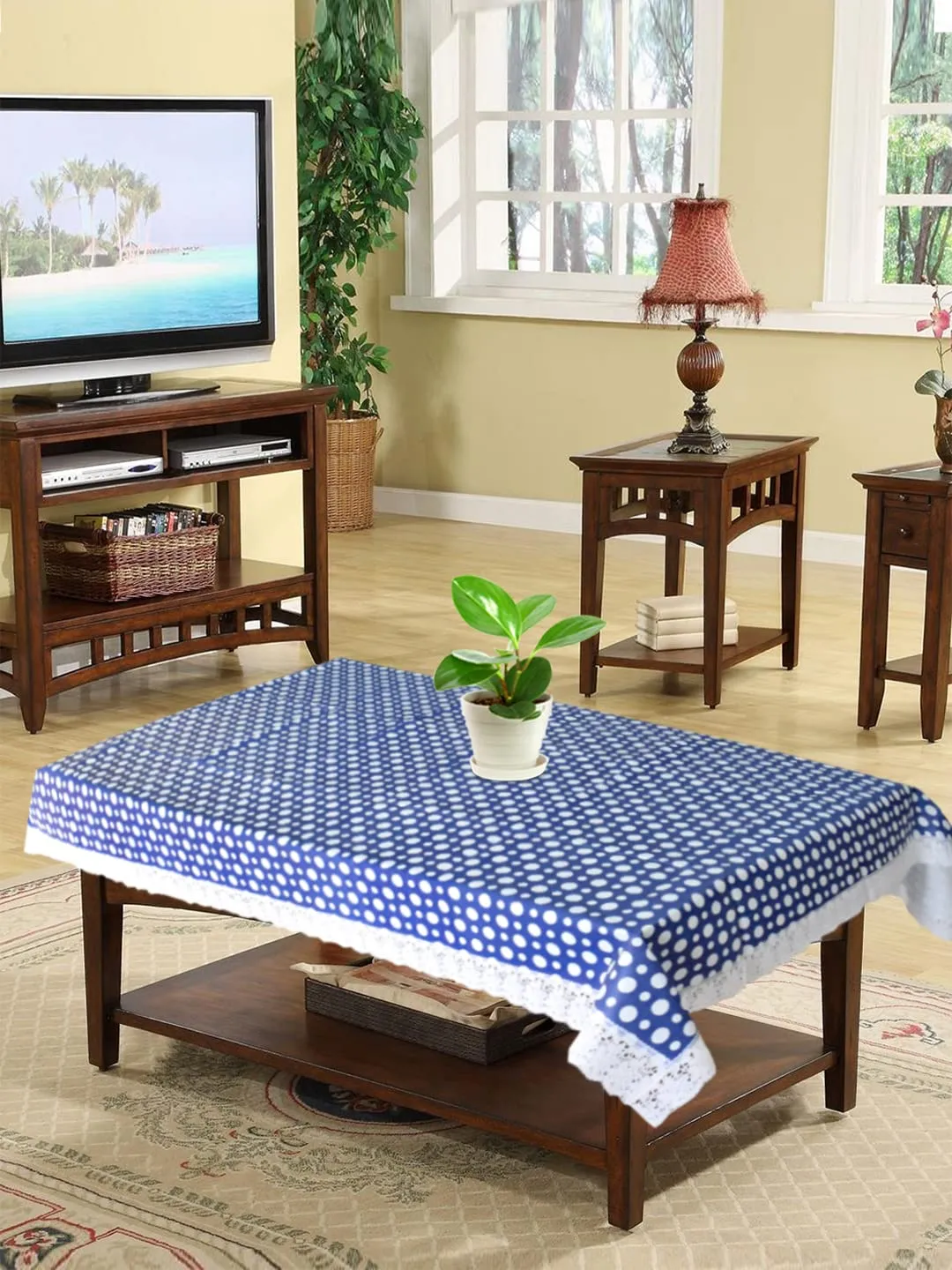 Kuber Industries Dot Design PVC 4 Seater Center Table Cover 40"x60" (Blue & White)-HS43KUBMART25571, Standard