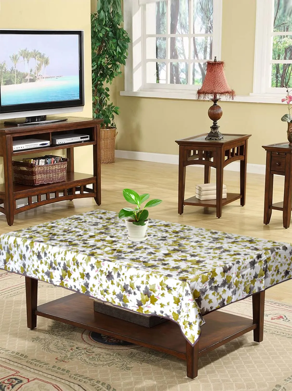 Kuber Industries Floral Print PVC Center Table Cover/Rectangular Shape Table Cloth for Home Decorative Luxurious 4 Seater, 60"X36" (Green) 54Km4269