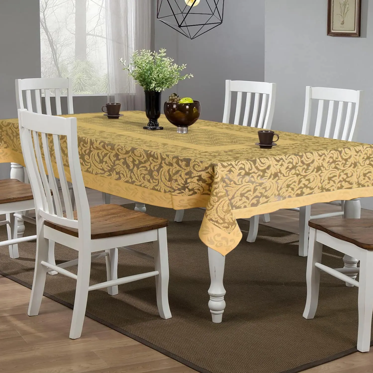 Kuber Industries Leaf Design Cotton Dining Table Cover/Table Cloth for Home Decorative Luxurious 6 Seater, 60"x90" (Golden)