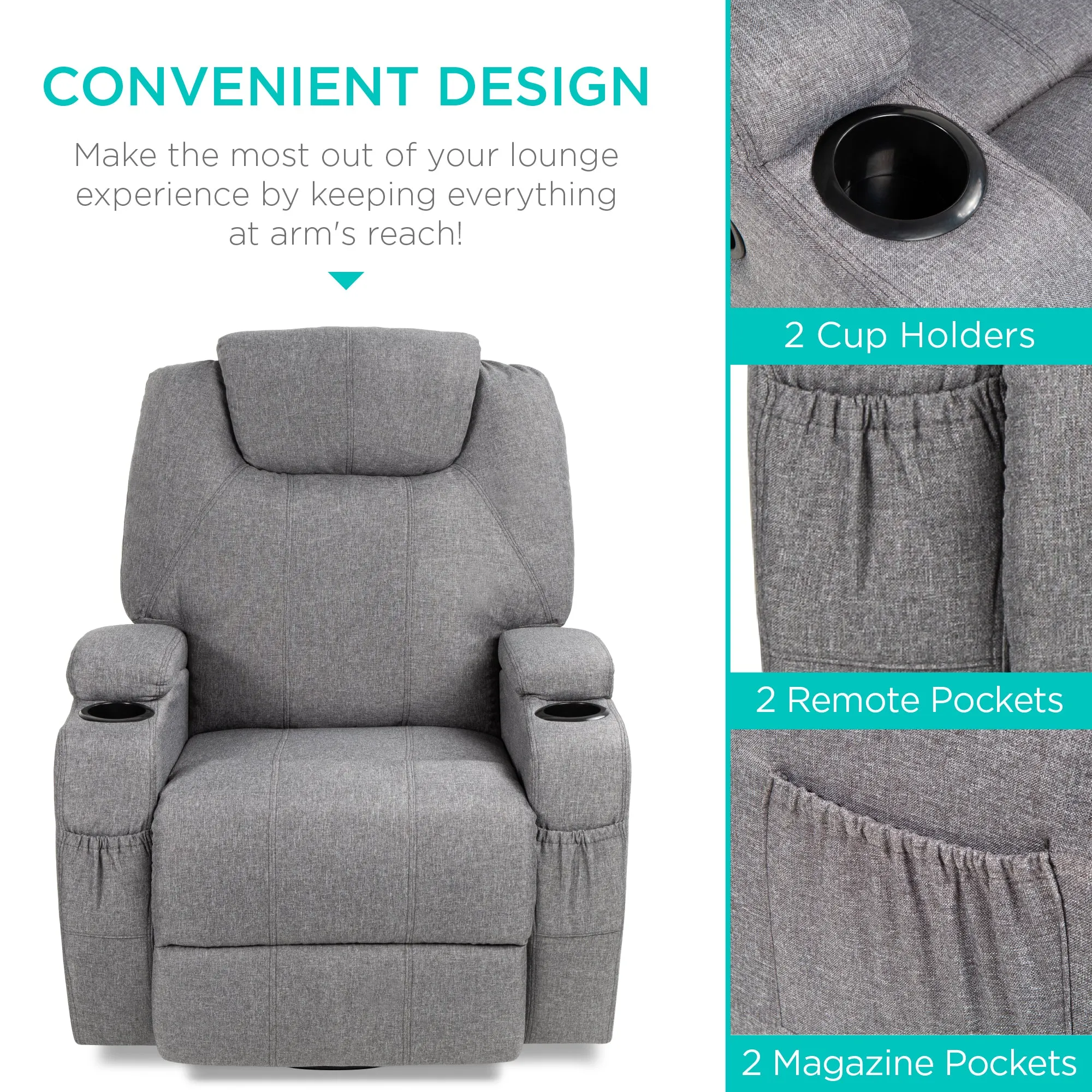 Linen Fabric Swivel Massage Recliner Chair w/ Remote Control, 5 Modes