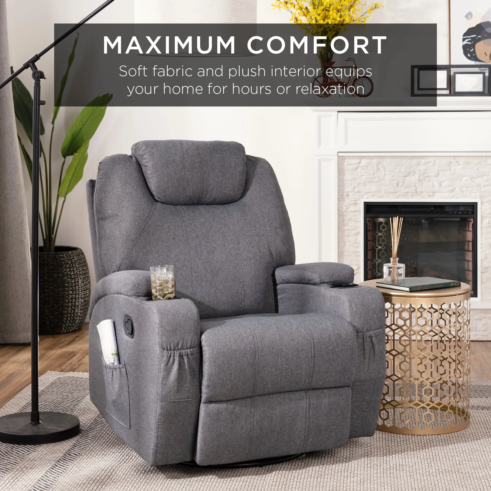 Linen Fabric Swivel Massage Recliner Chair w/ Remote Control, 5 Modes