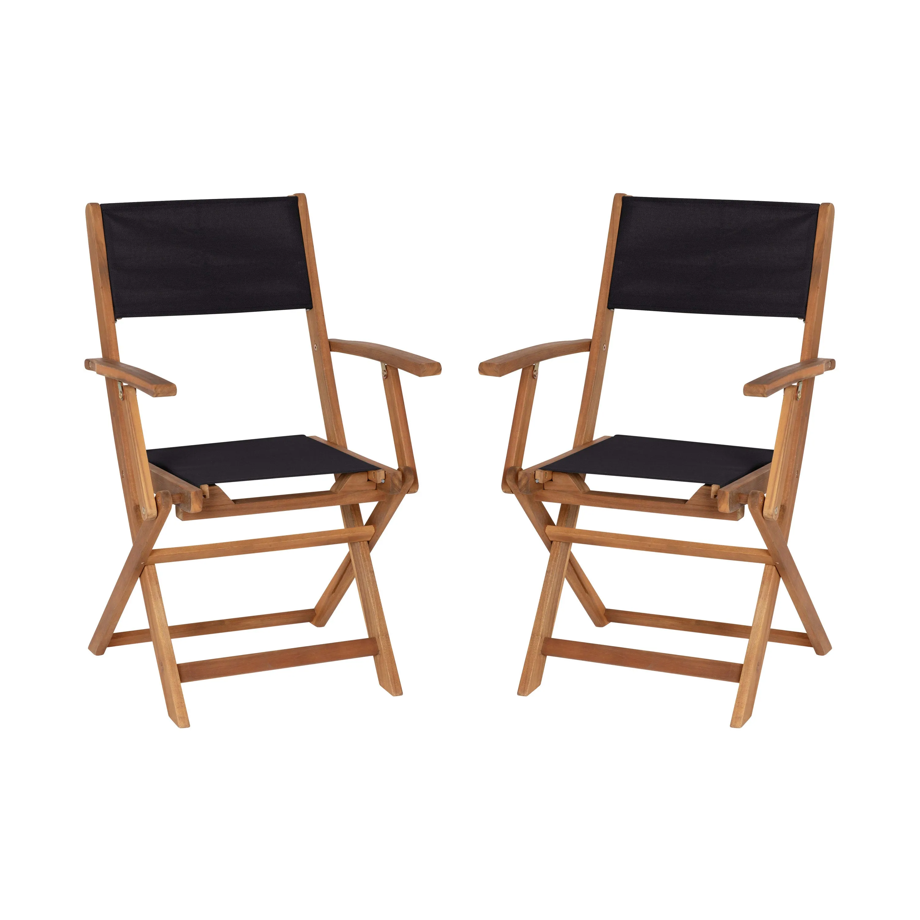 Martindale Indoor/Outdoor Folding Acacia Wood Patio Bistro Chairs with X Base Frame with Arms and Textilene Back and Seat, Set of 2