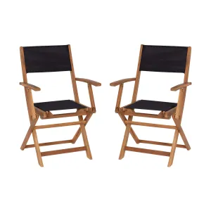 Martindale Indoor/Outdoor Folding Acacia Wood Patio Bistro Chairs with X Base Frame with Arms and Textilene Back and Seat, Set of 2