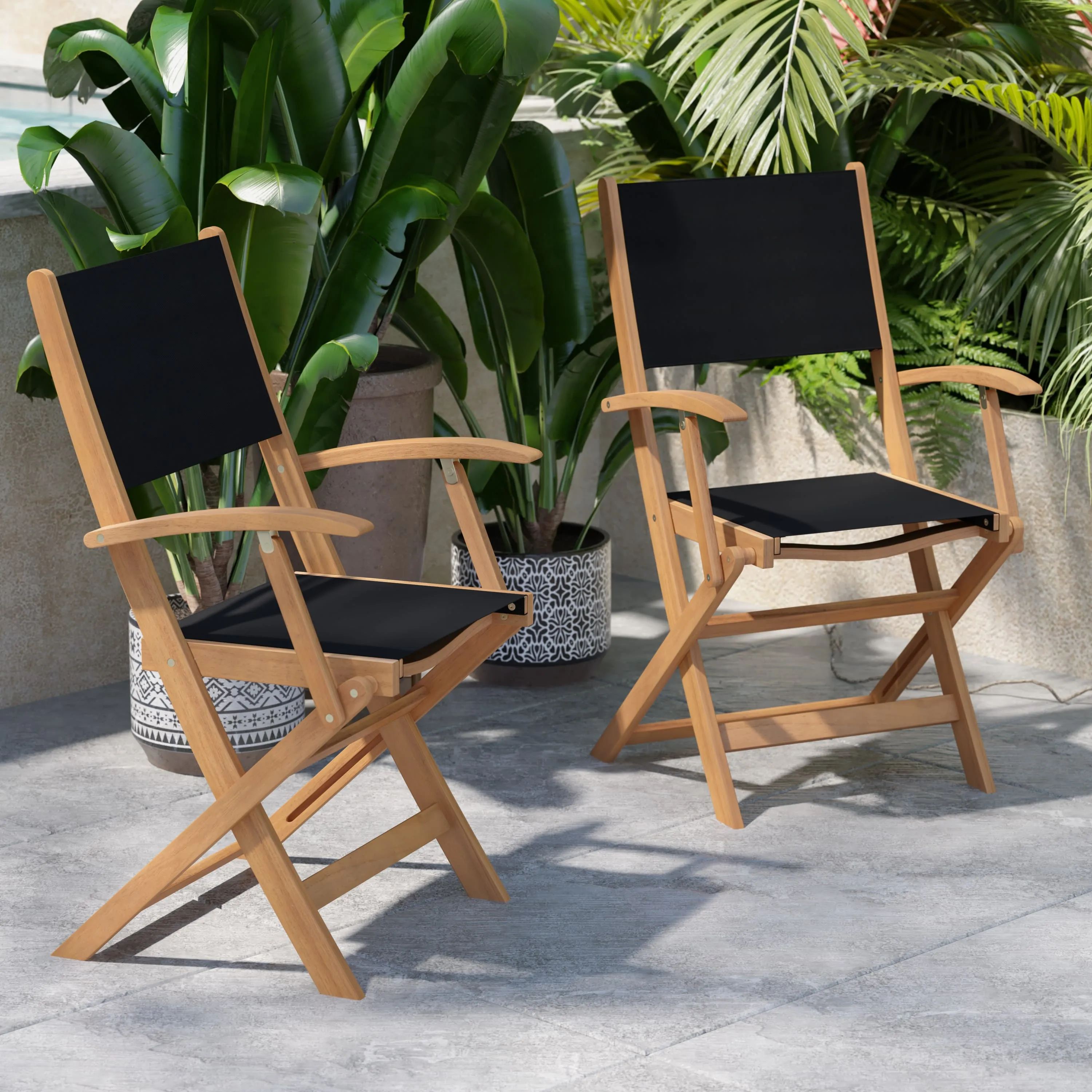 Martindale Indoor/Outdoor Folding Acacia Wood Patio Bistro Chairs with X Base Frame with Arms and Textilene Back and Seat, Set of 2