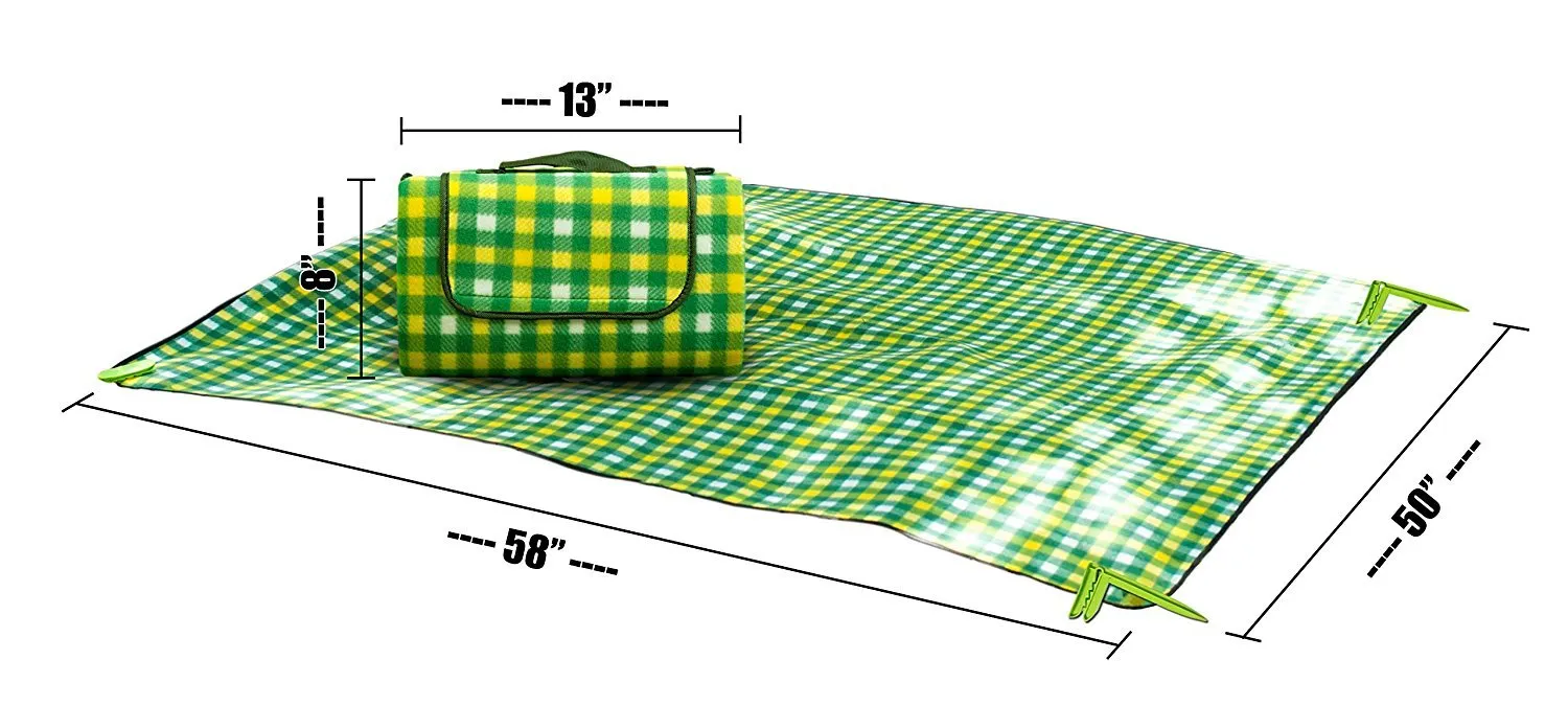 Picnic Blanket &ndash; Waterproof Outdoor Mat 50 X 58 Inch - Free Blanket Fastener Pegs (Yellow and Green Pattern)