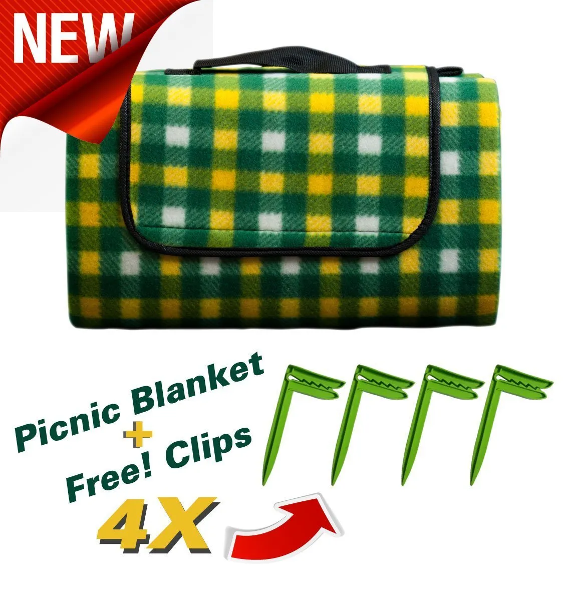 Picnic Blanket &ndash; Waterproof Outdoor Mat 50 X 58 Inch - Free Blanket Fastener Pegs (Yellow and Green Pattern)