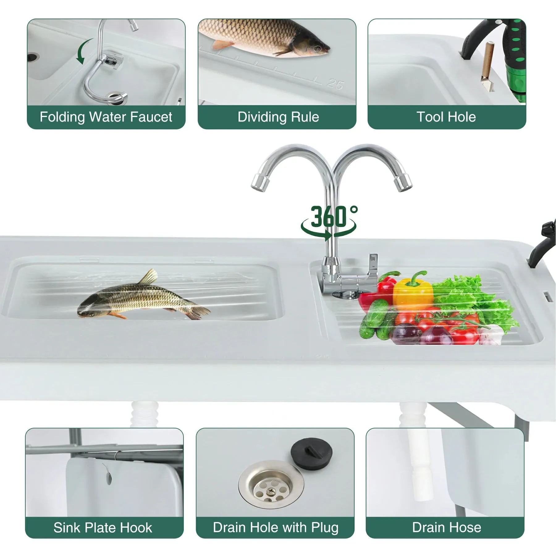 Portable Folding Fish Cleaning Table with Double Sink & Faucet